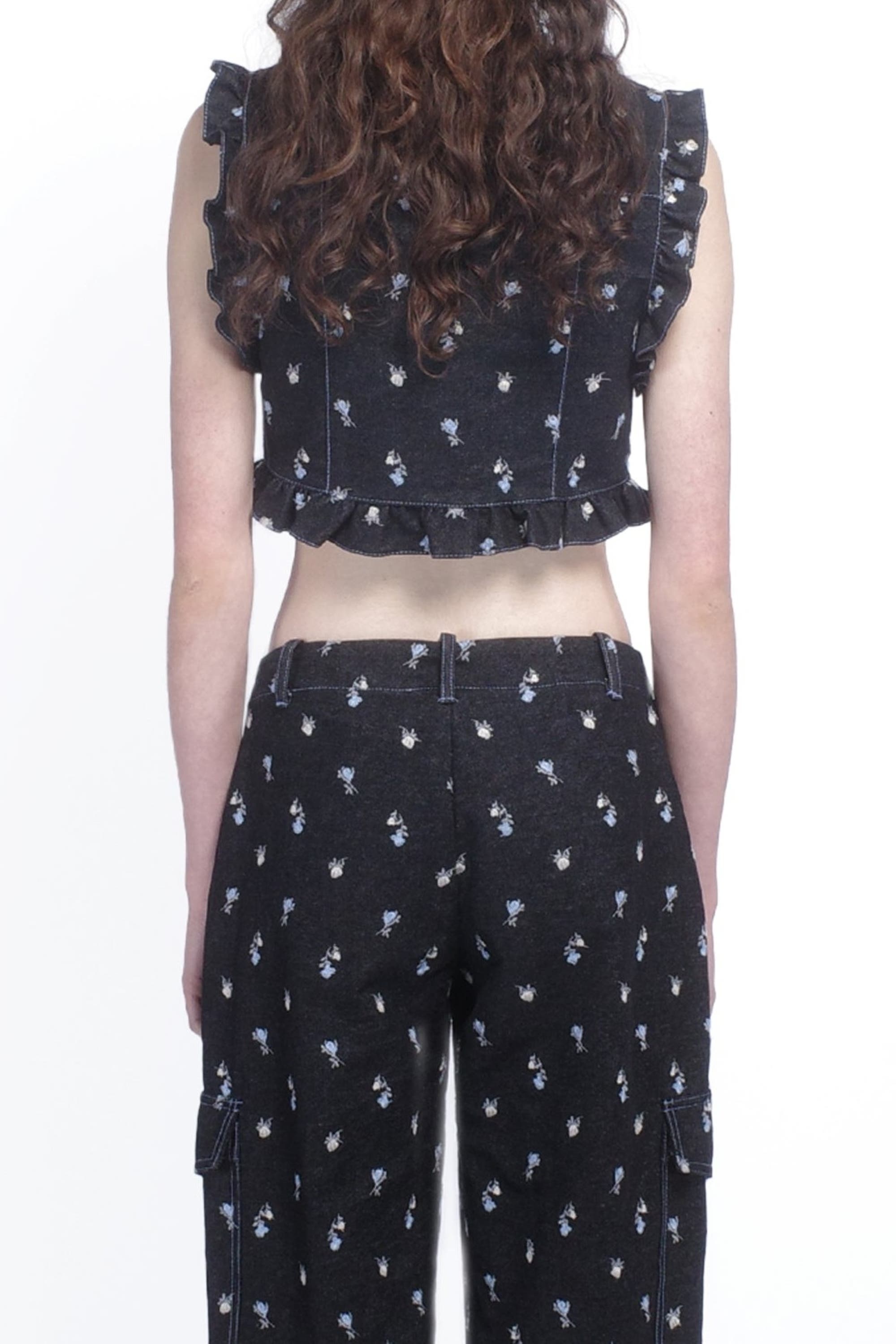 Anna Sui Denim Embroidered Roses Cropped Vest in Black Multi at Nordstrom - 3