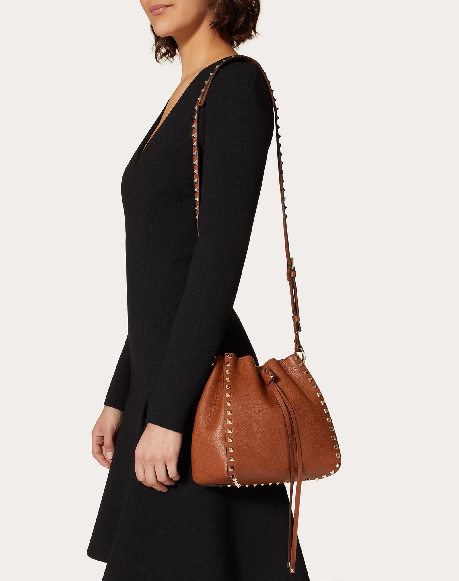 Small Rockstud Grainy Calfskin Bucket Bag - 6