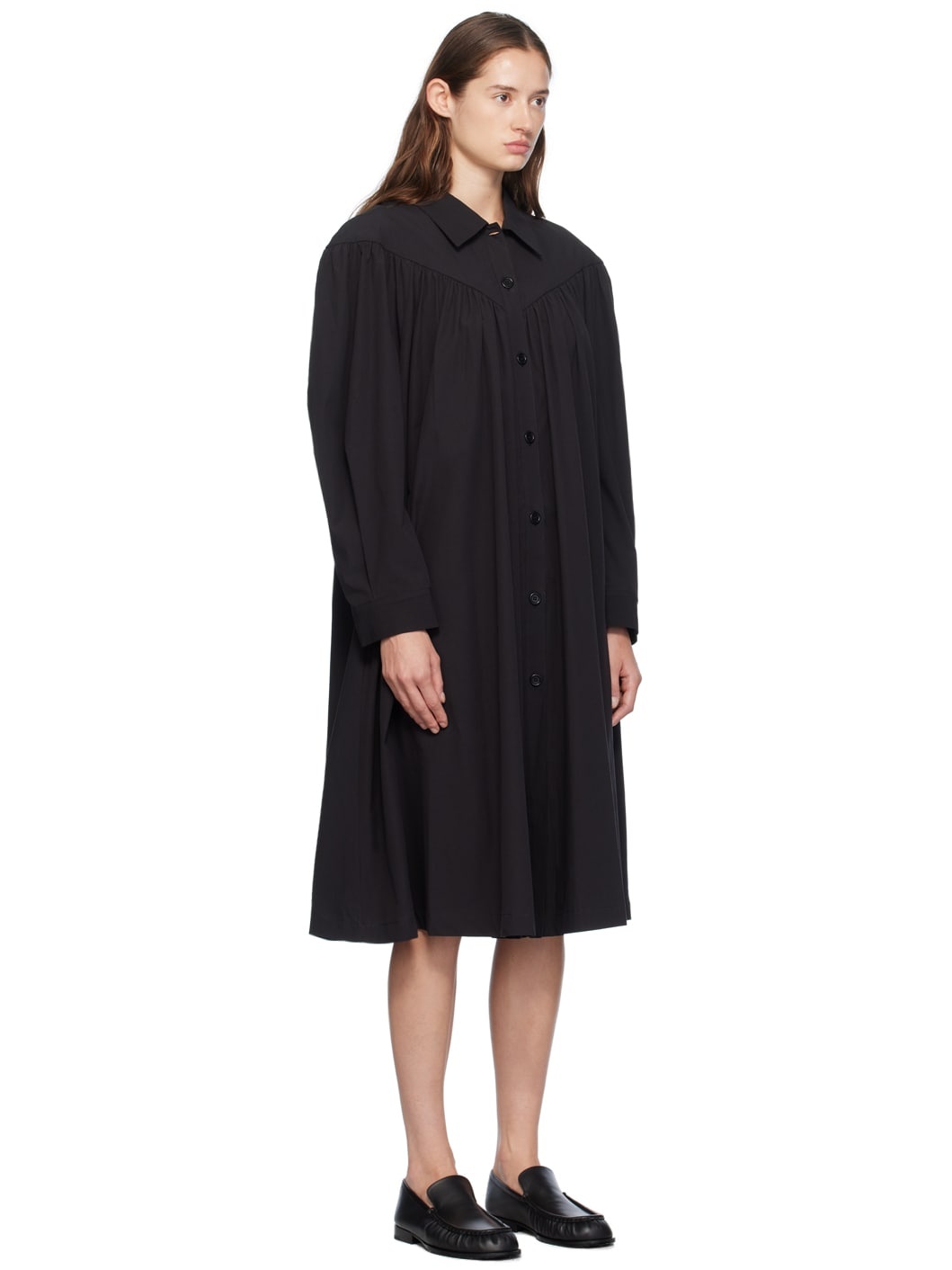 Black V-Line Yoke Shirring Midi Dress - 2