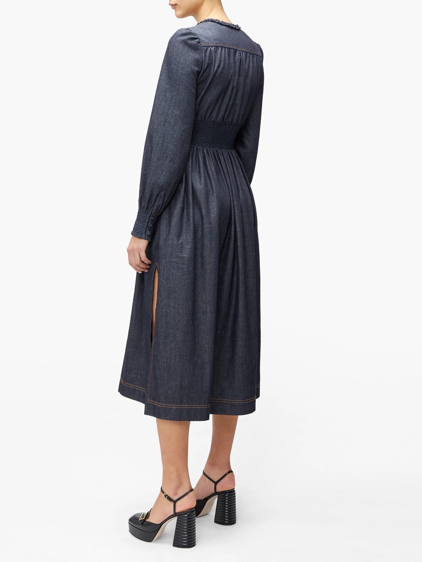 Smocked chambray midi dress - 5