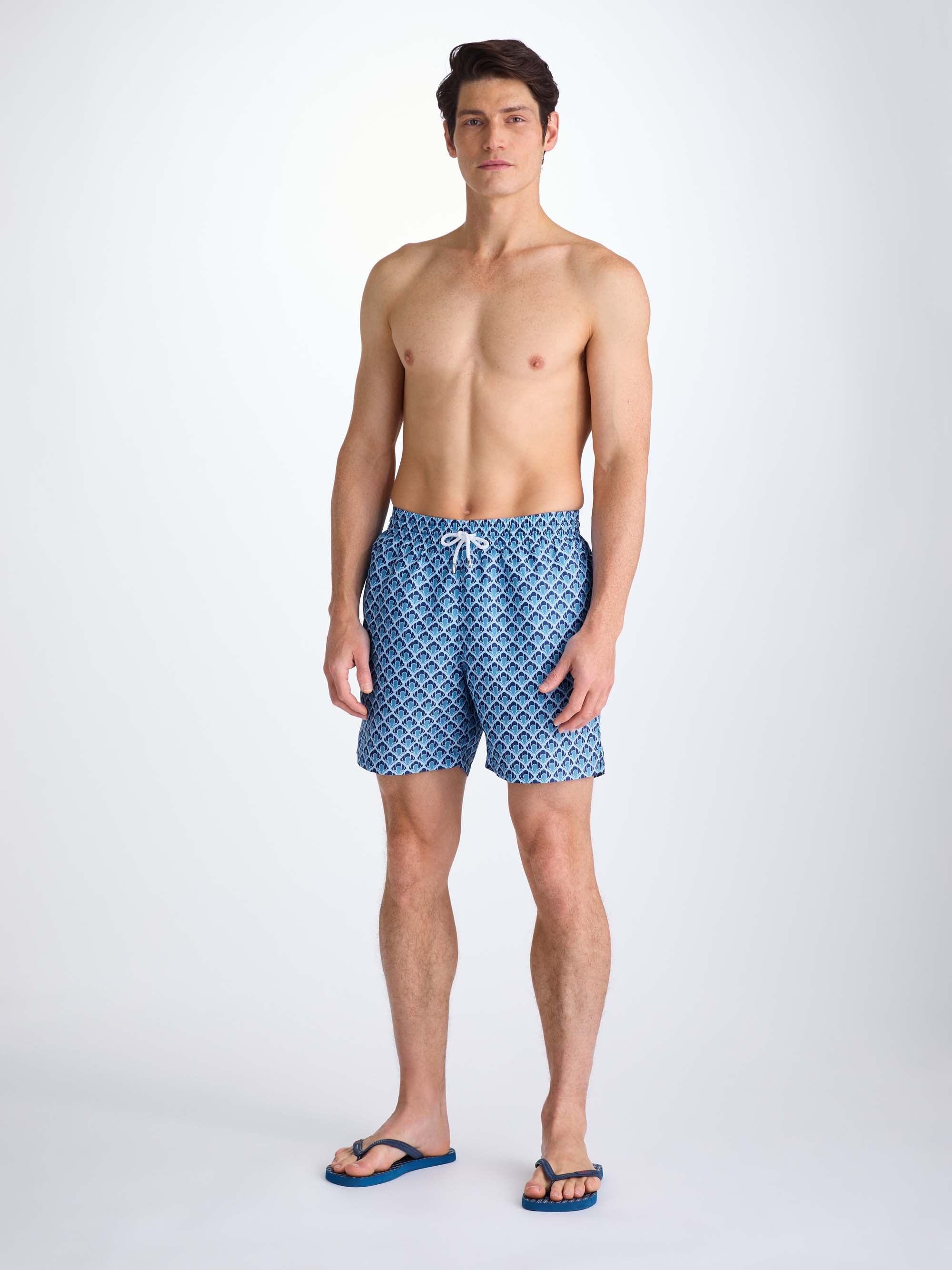 Men's Swim Shorts Mid Blue Scalloped Leaf Print - 3