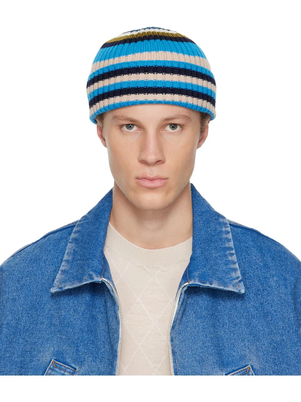Blue Striped Ribbed Beanie - 1