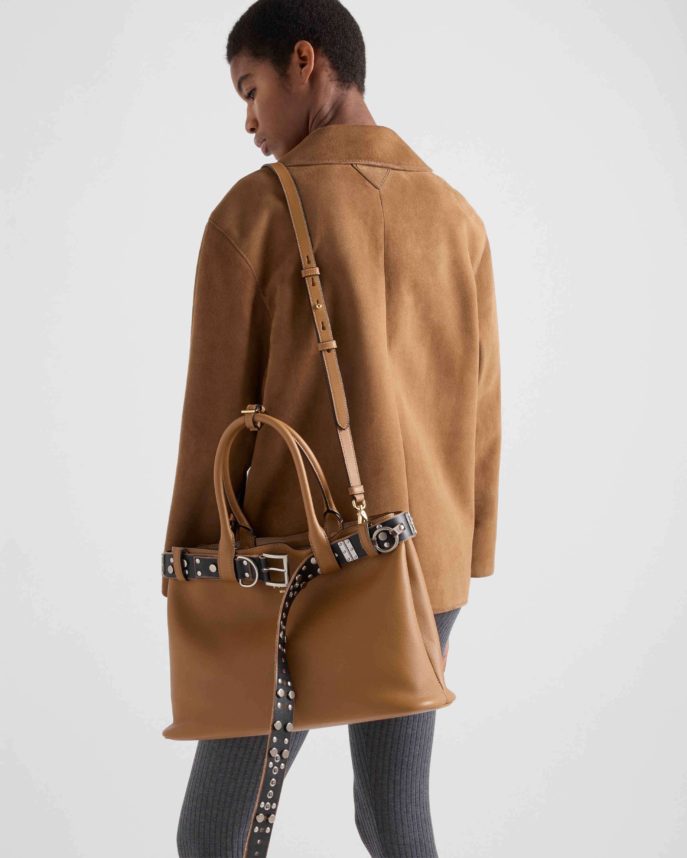 Large Prada Buckle leather bag with studded belt - 8