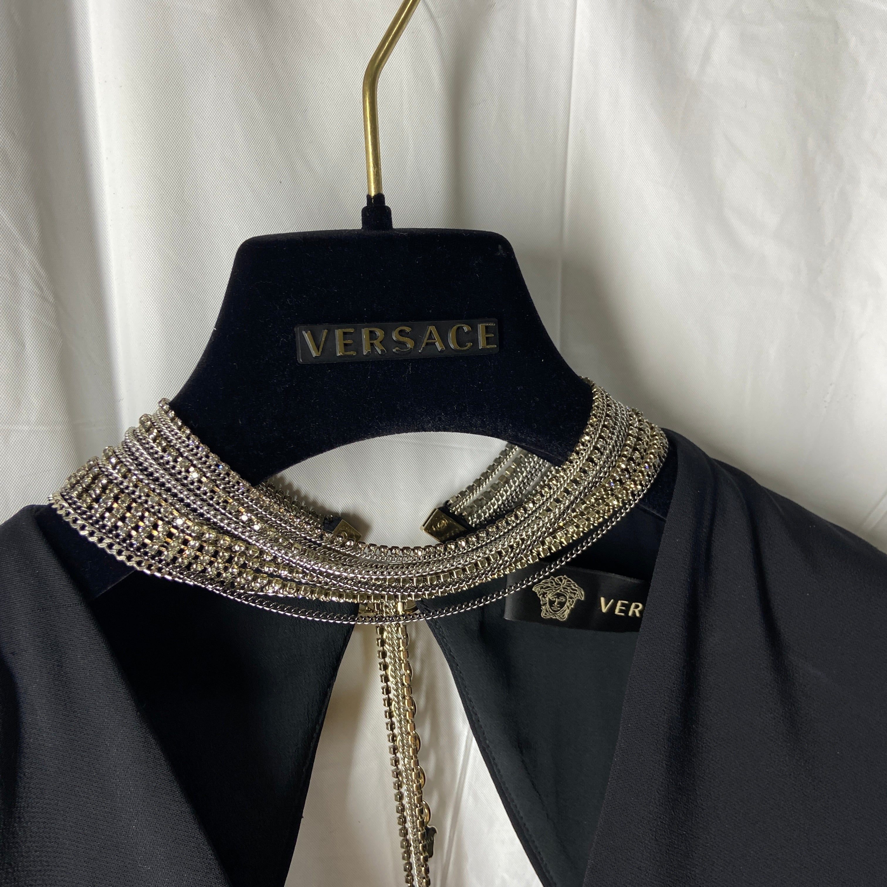 Versace plunging open back dress evening gown with gold crystal necklace and back chains 38 - 12