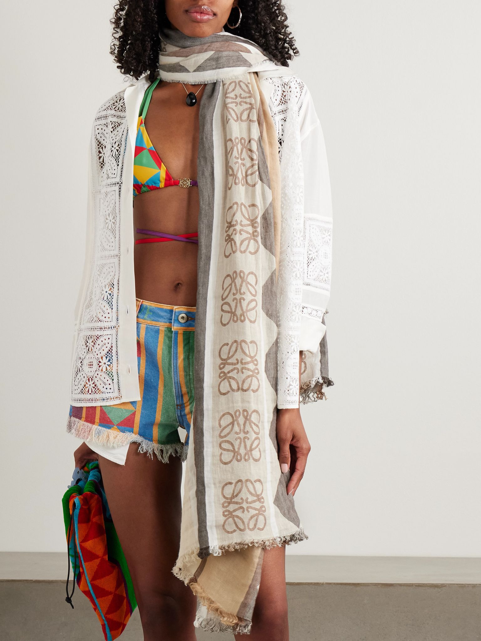 + Paula's Ibiza fringed linen and cotton-blend jacquard scarf Beige - 3