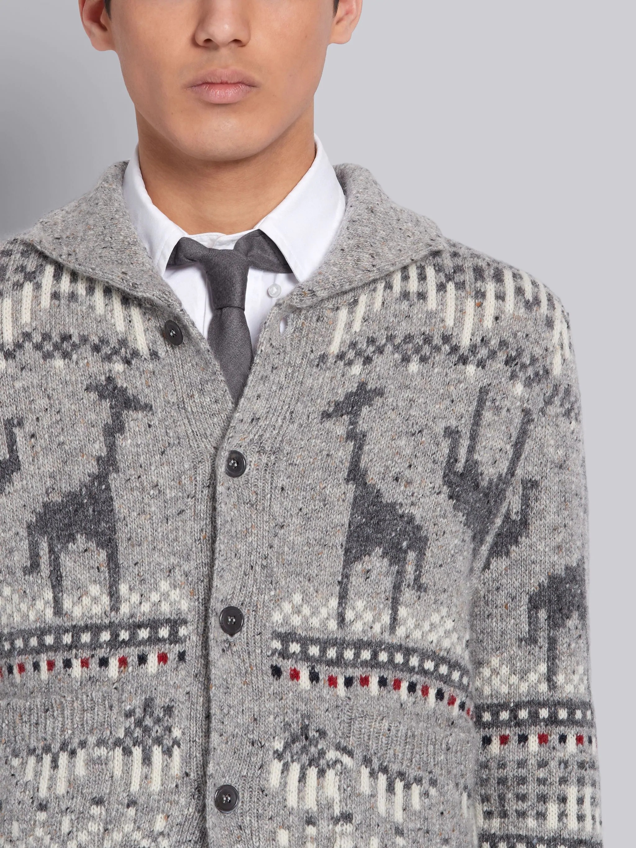 Tonal Grey Mohair Wool Tweed Giraffe Icon Fair Isle Classic Cardigan - 5