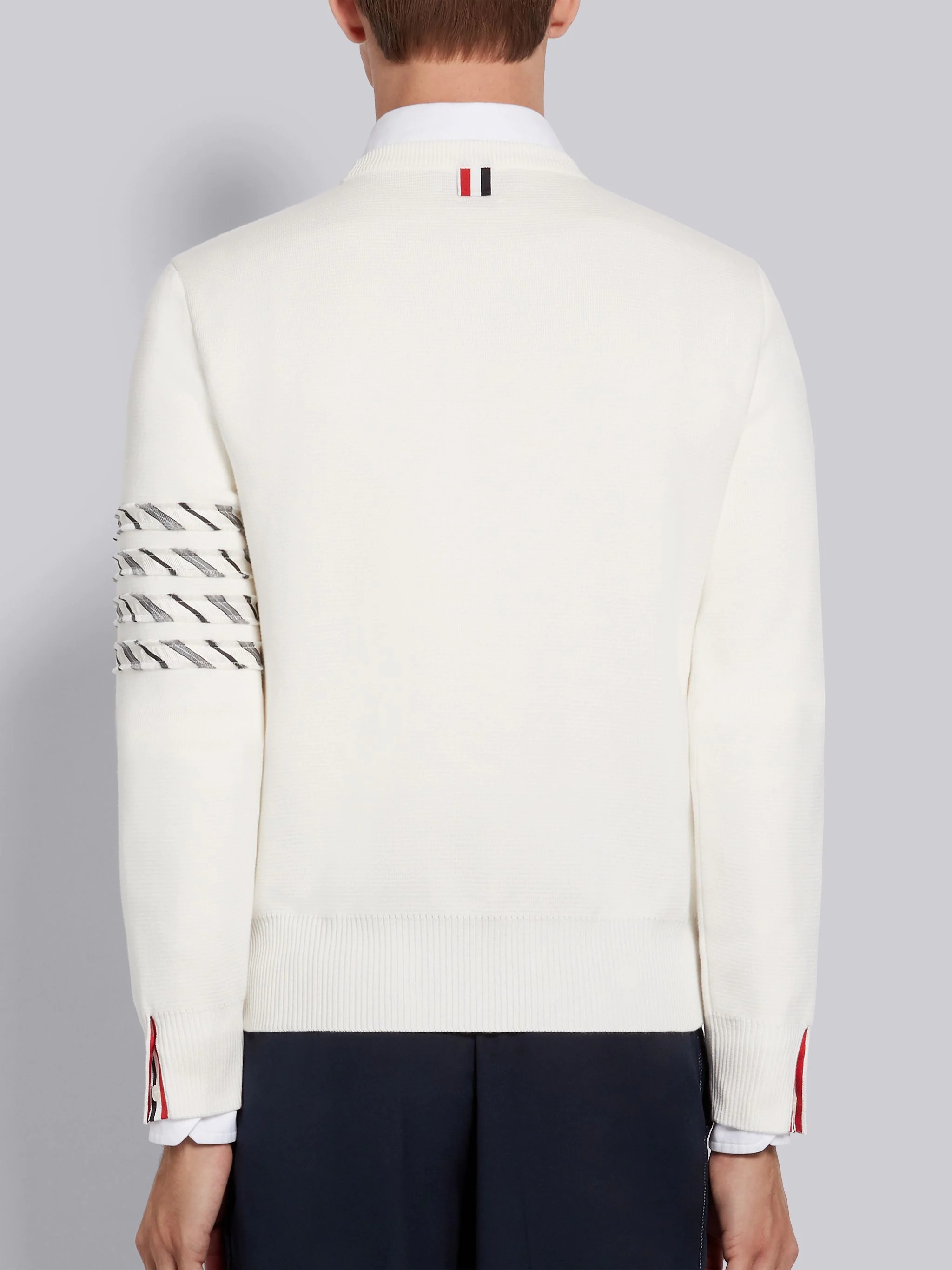 White Cotton Milano Stitch Silk 4-Bar Crewneck Pullover - 3