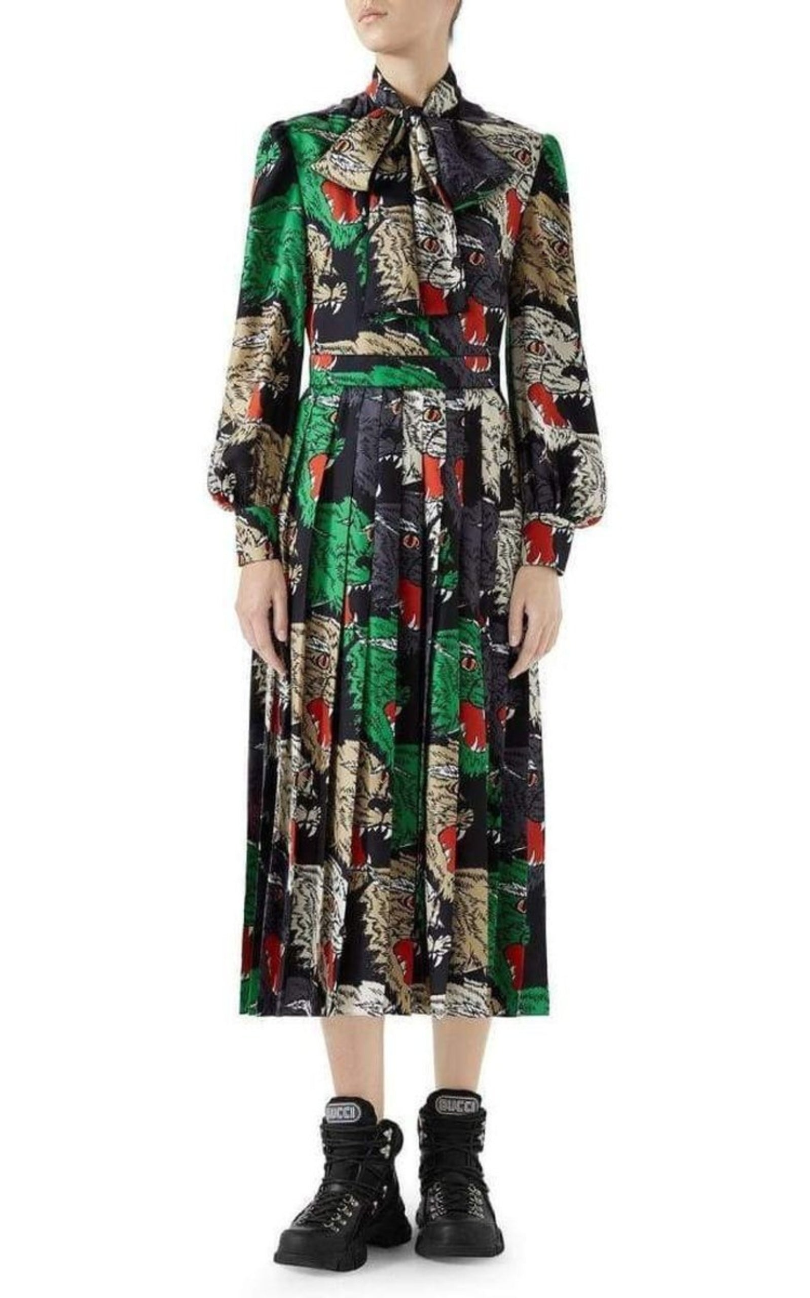 GUCCI Pleated Rainbow-Panther Face Silk Twill Dress