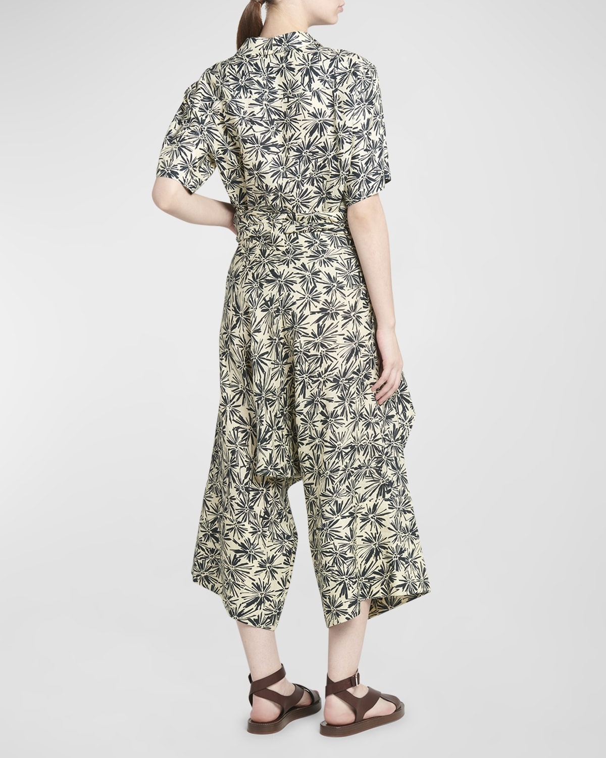 Yuki Flower-Print Wrap-Waist Wide-Leg Crop Linen Pants - 4