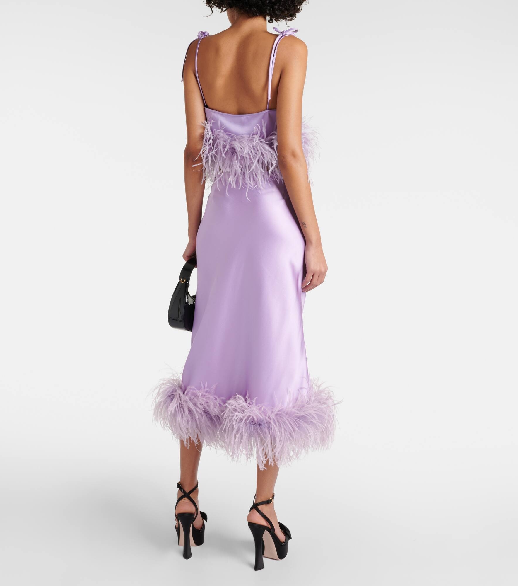 Feather-trimmed satin midi skirt - 3