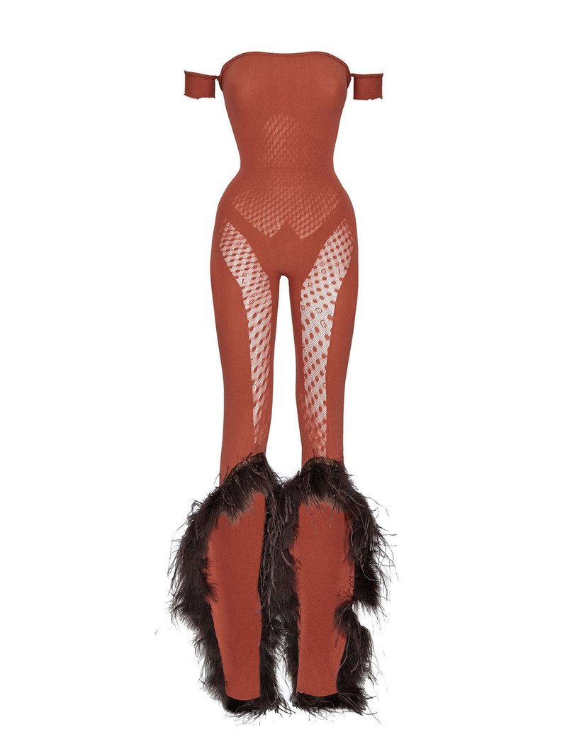 JUNIA JUMPSUIT IN BURNT HENNA CHOCOLATE MARABOU FEATHERS 1