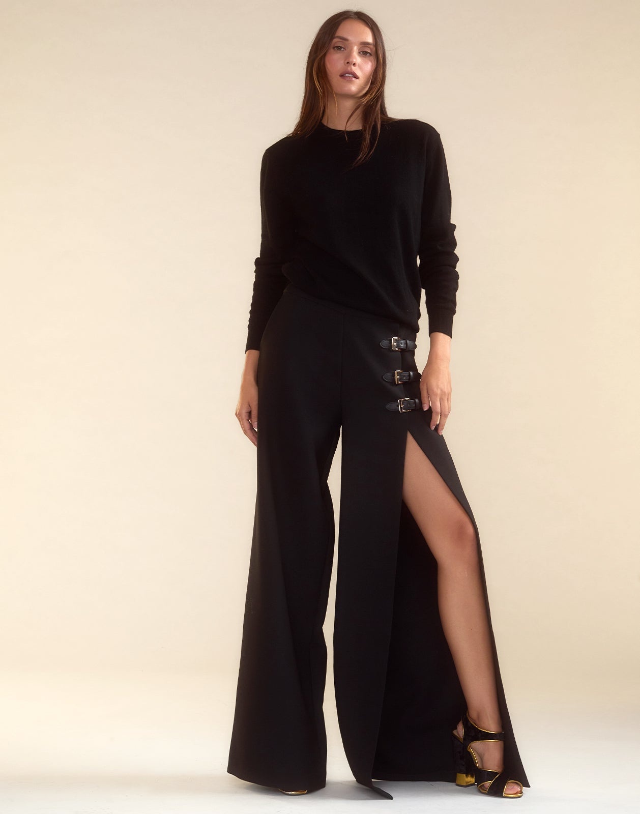 Buckle Strap Open-Leg Pants - 1