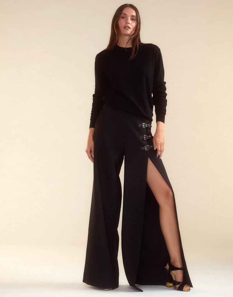 Buckle Strap Open-Leg Pants 1