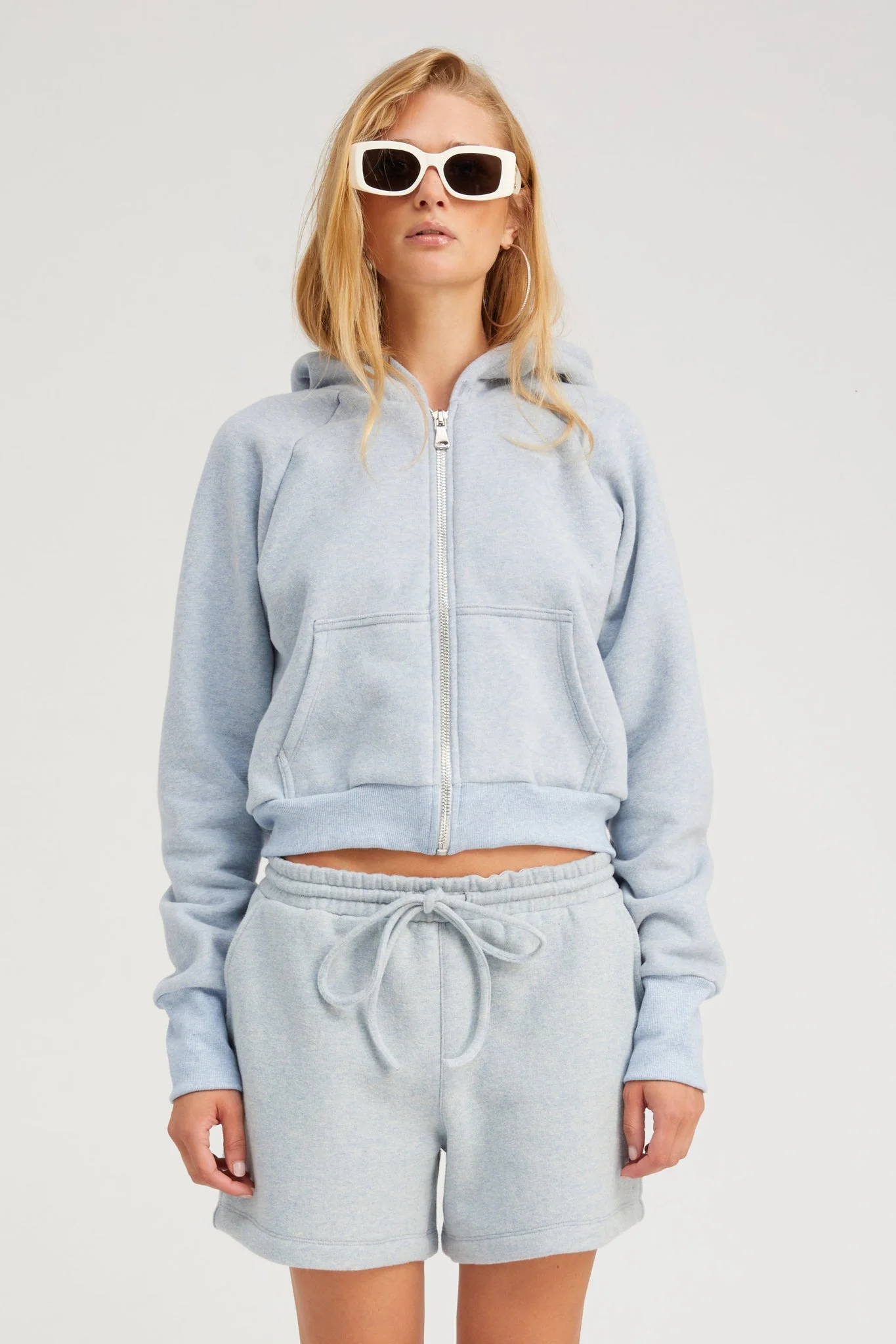 ICE BLUE MELANGE SHRUNKEN ZIP UP HOODIE - 1
