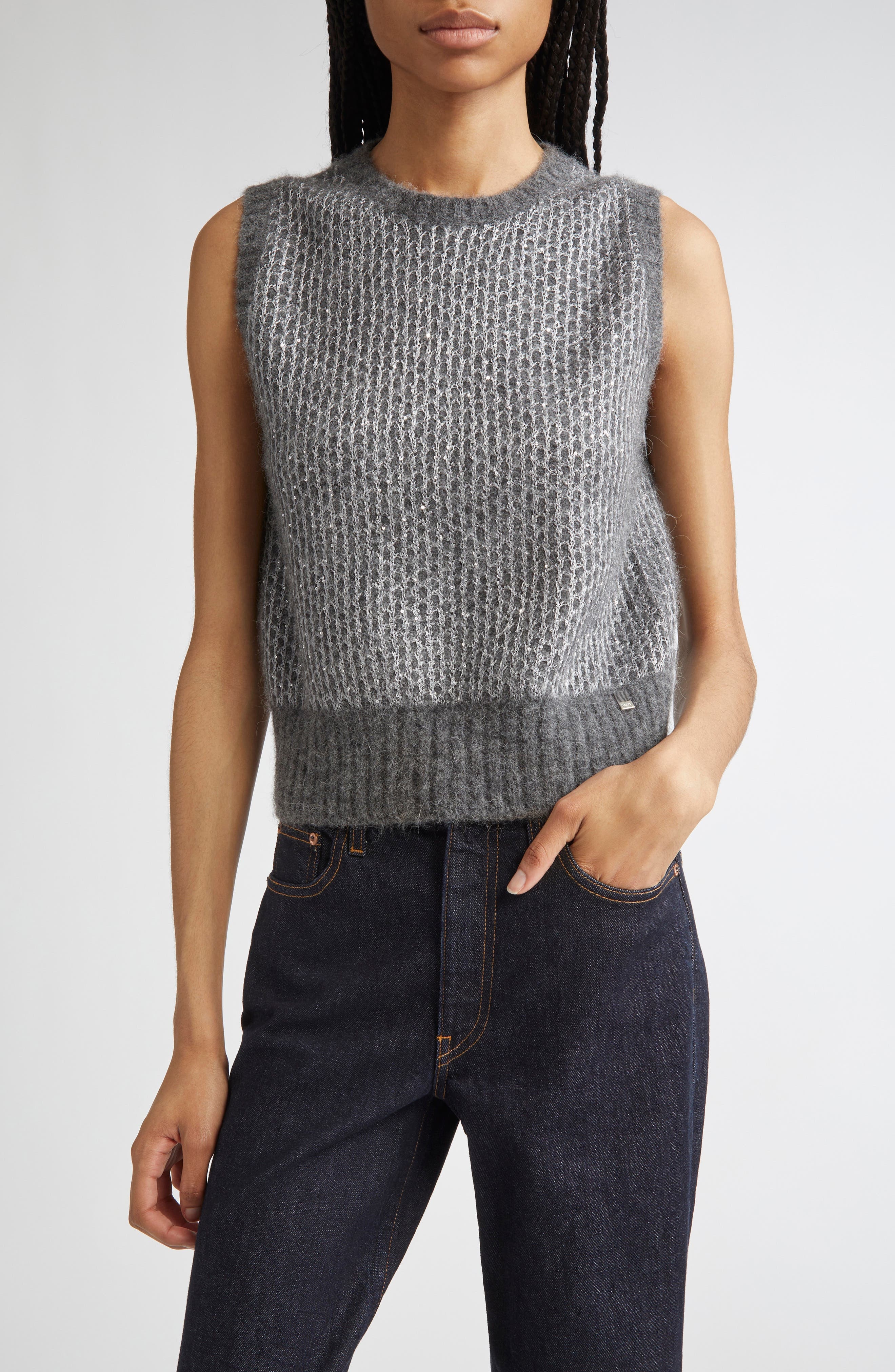 Herno Sequin Metallic Sleeveless Sweater in Grigio Metallo at Nordstrom - 1