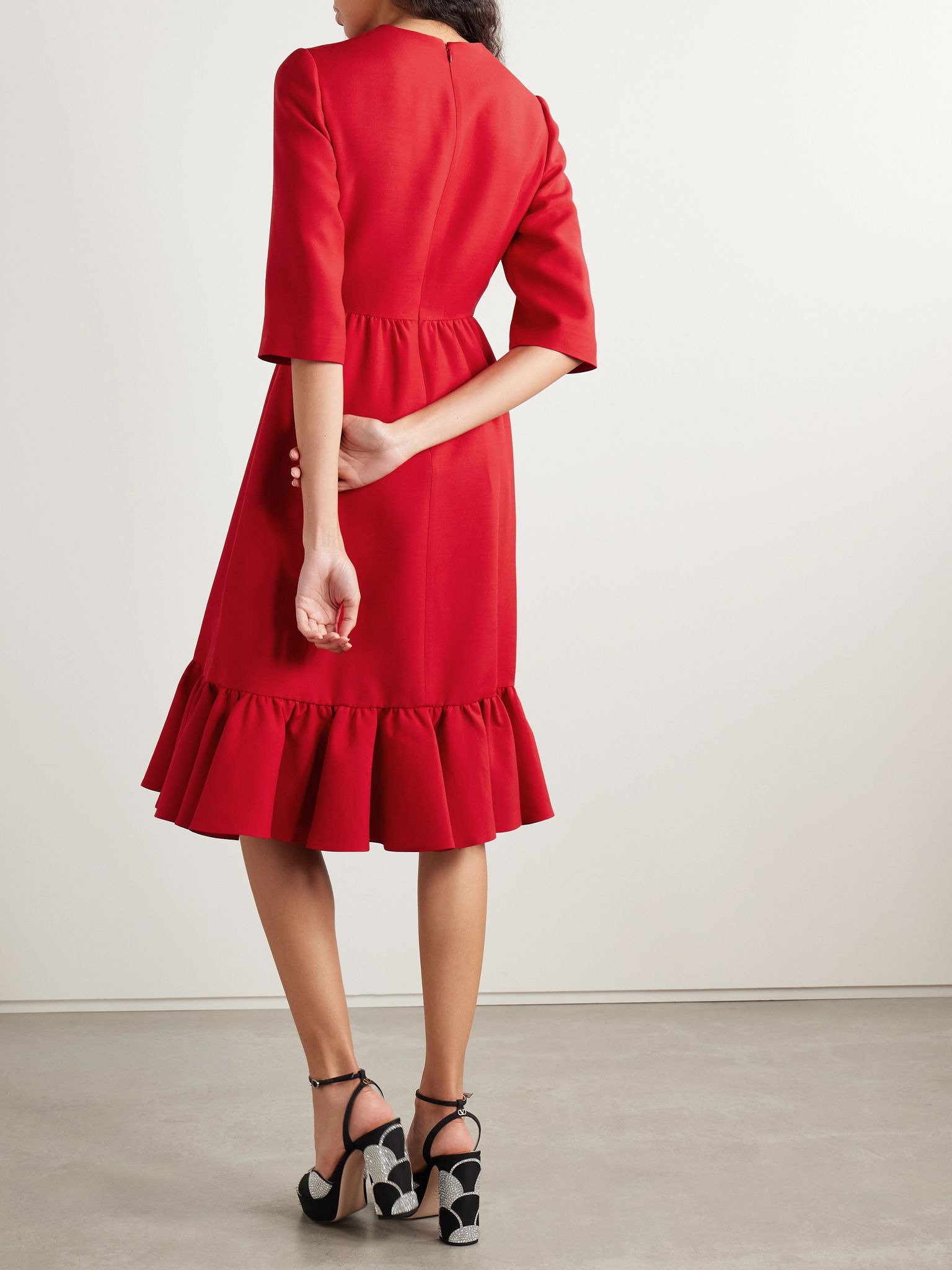 Embellished wool and silk-blend crepe midi dress Red - 3