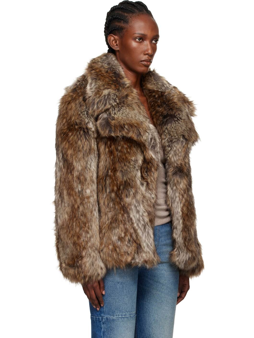 Brown & Beige Hook-Eye Faux-Fur Jacket - 2