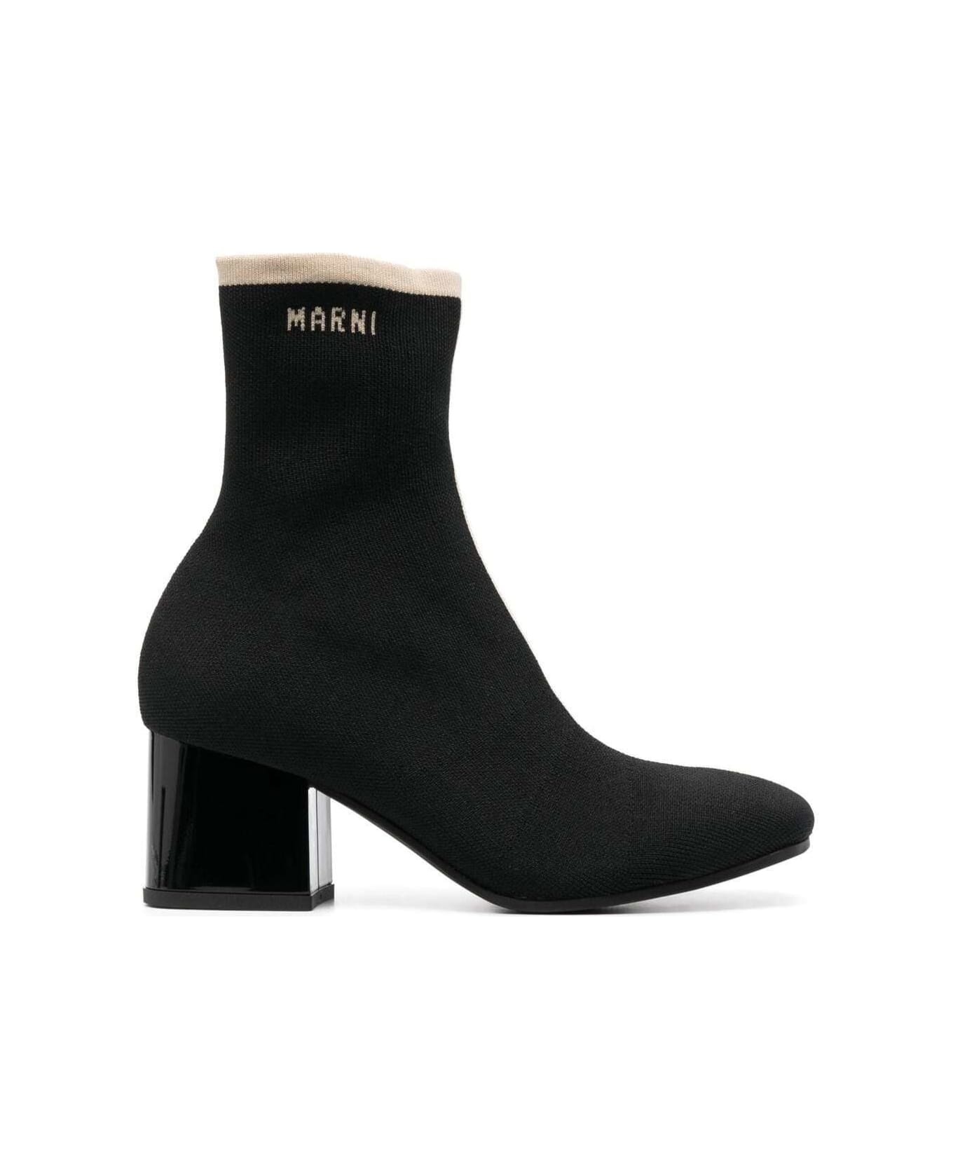 Black Ankle Boot In Leather With Medium And Wide Heel Ecru-colored Details - 1