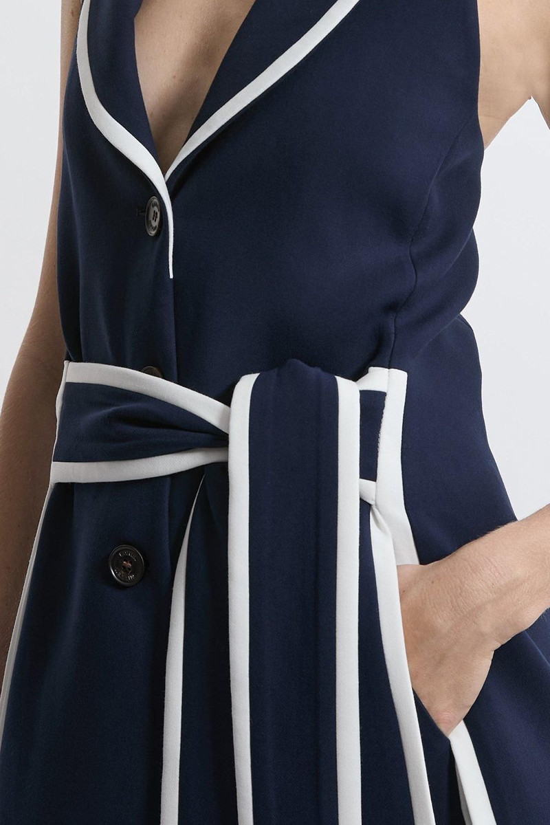 Compact Stretch Contrast Tipped Belted Wide Leg Tailored Jumpsuit 3