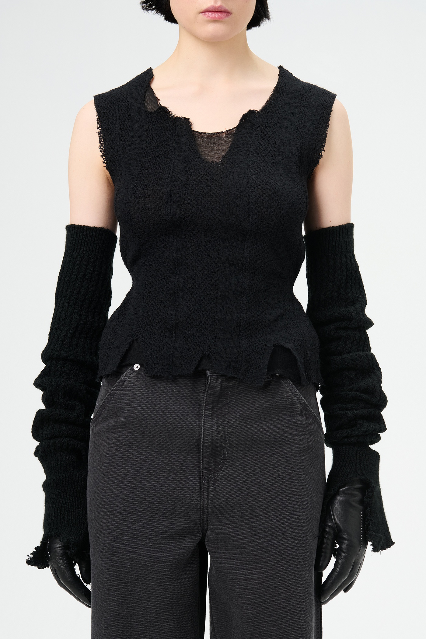 Ragged Vest Black Crochet Stripe - 4