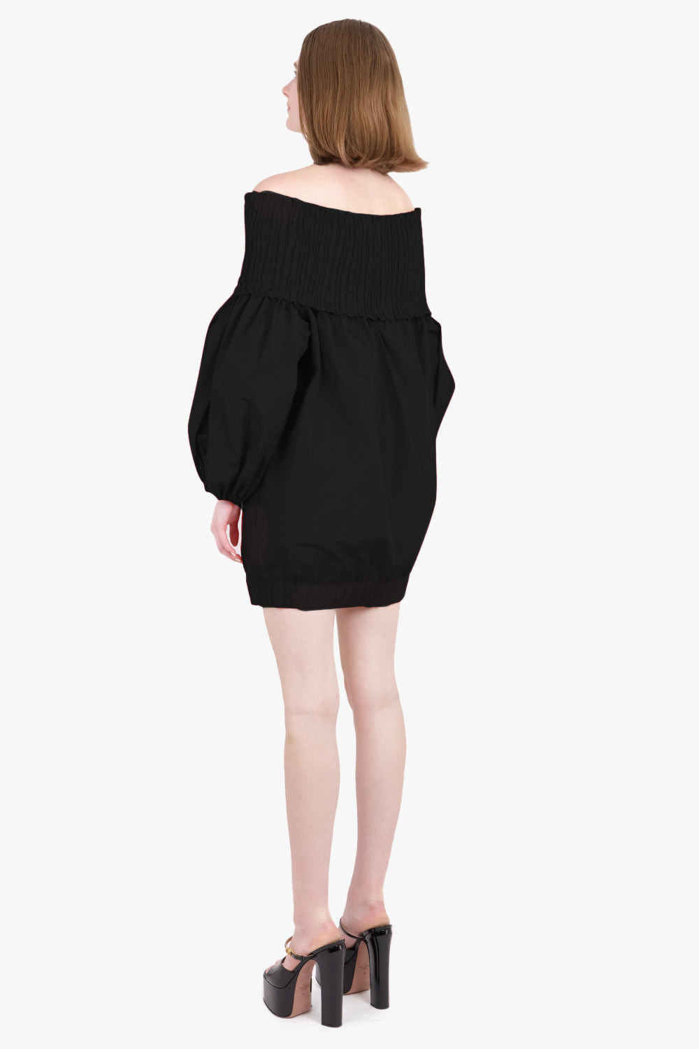 OFF-THE-SHOULDER SMOCK MINI DRESS IN ECO-FRIENDLY FAILLE | BLACK - 3