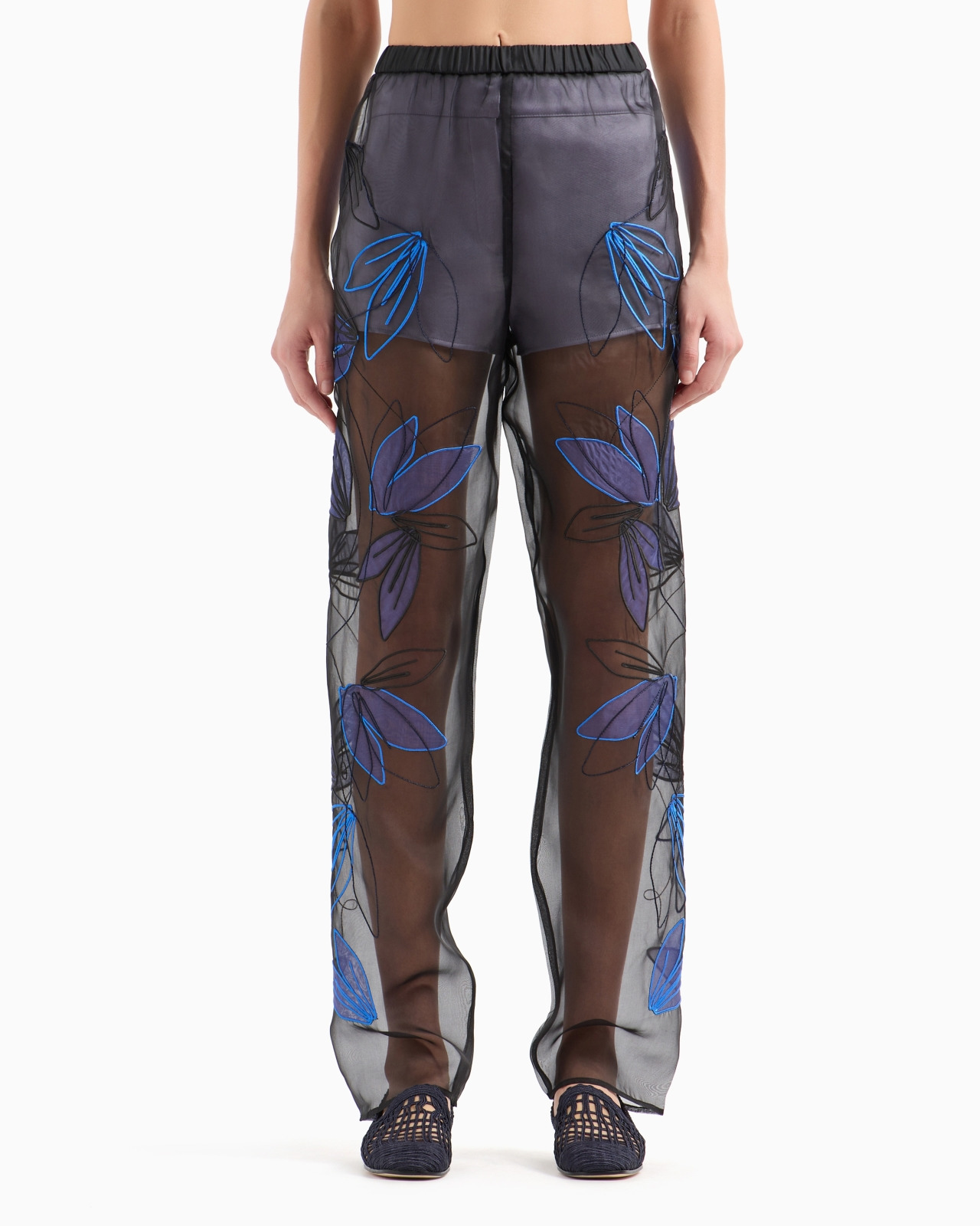 Pure silk organza elasticated-waist trousers with floral embroidery - 2