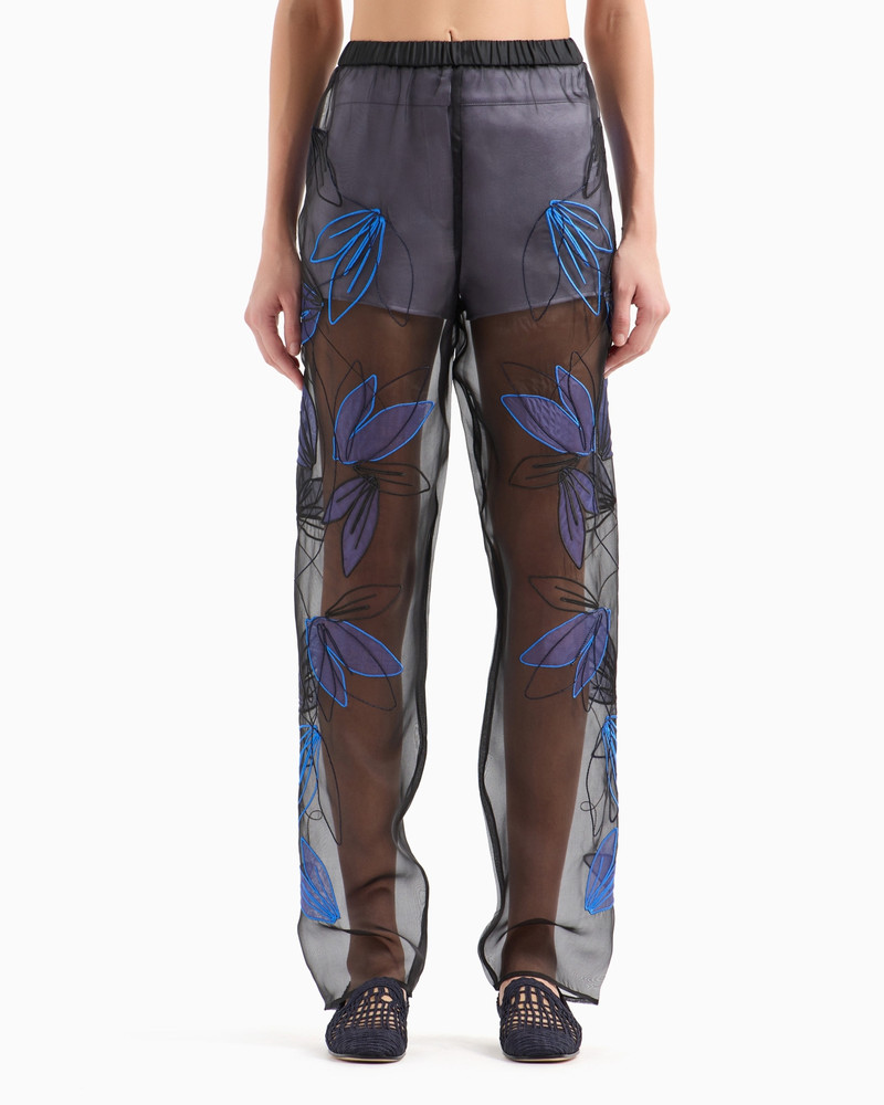 Pure silk organza elasticated-waist trousers with floral embroidery 2
