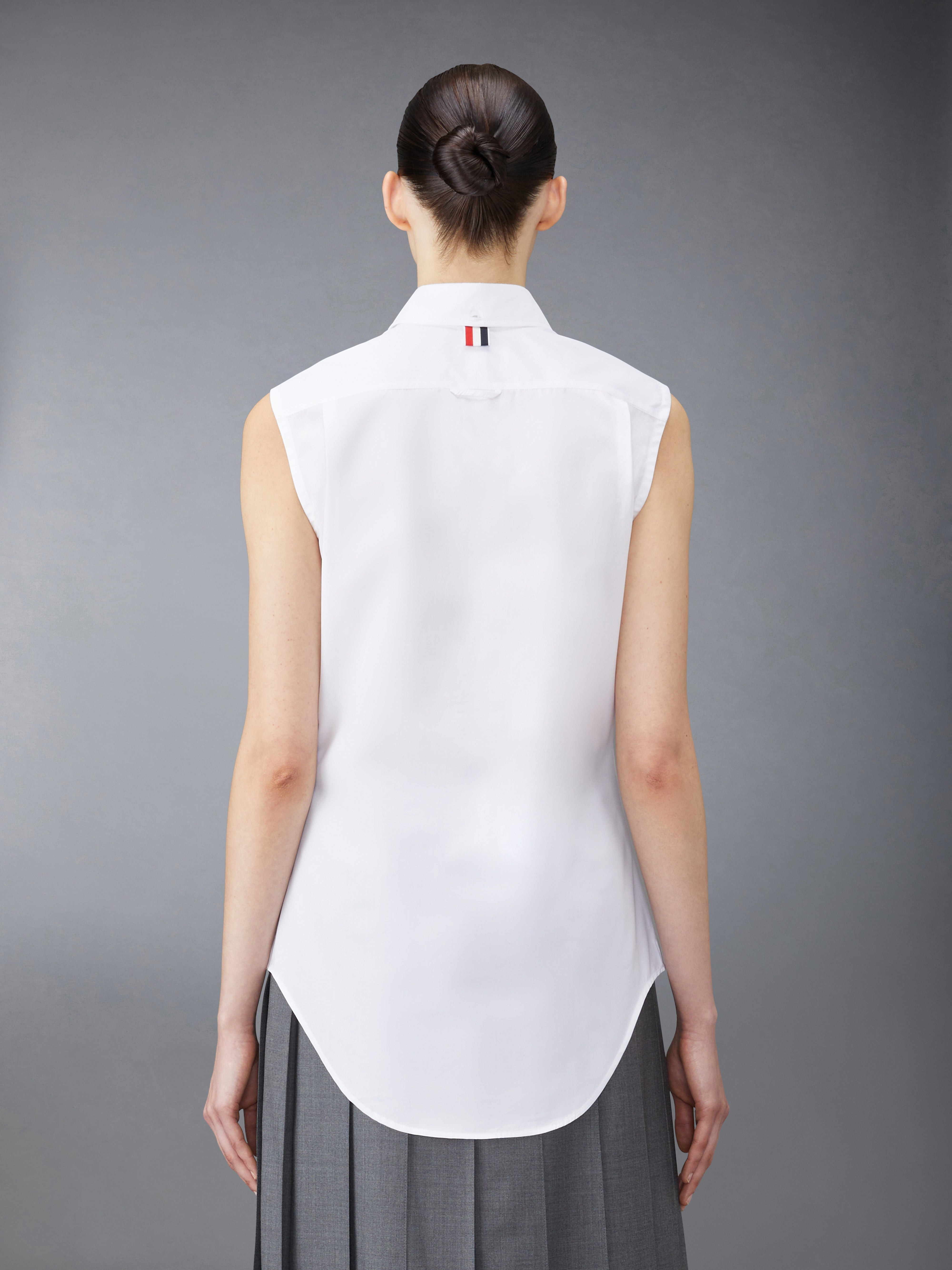White Poplin Grosgrain Placket Sleeveless Shirt - 3