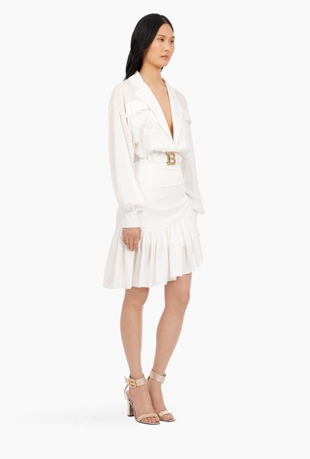 White silk shirt dress and Balmain logo belt - 7