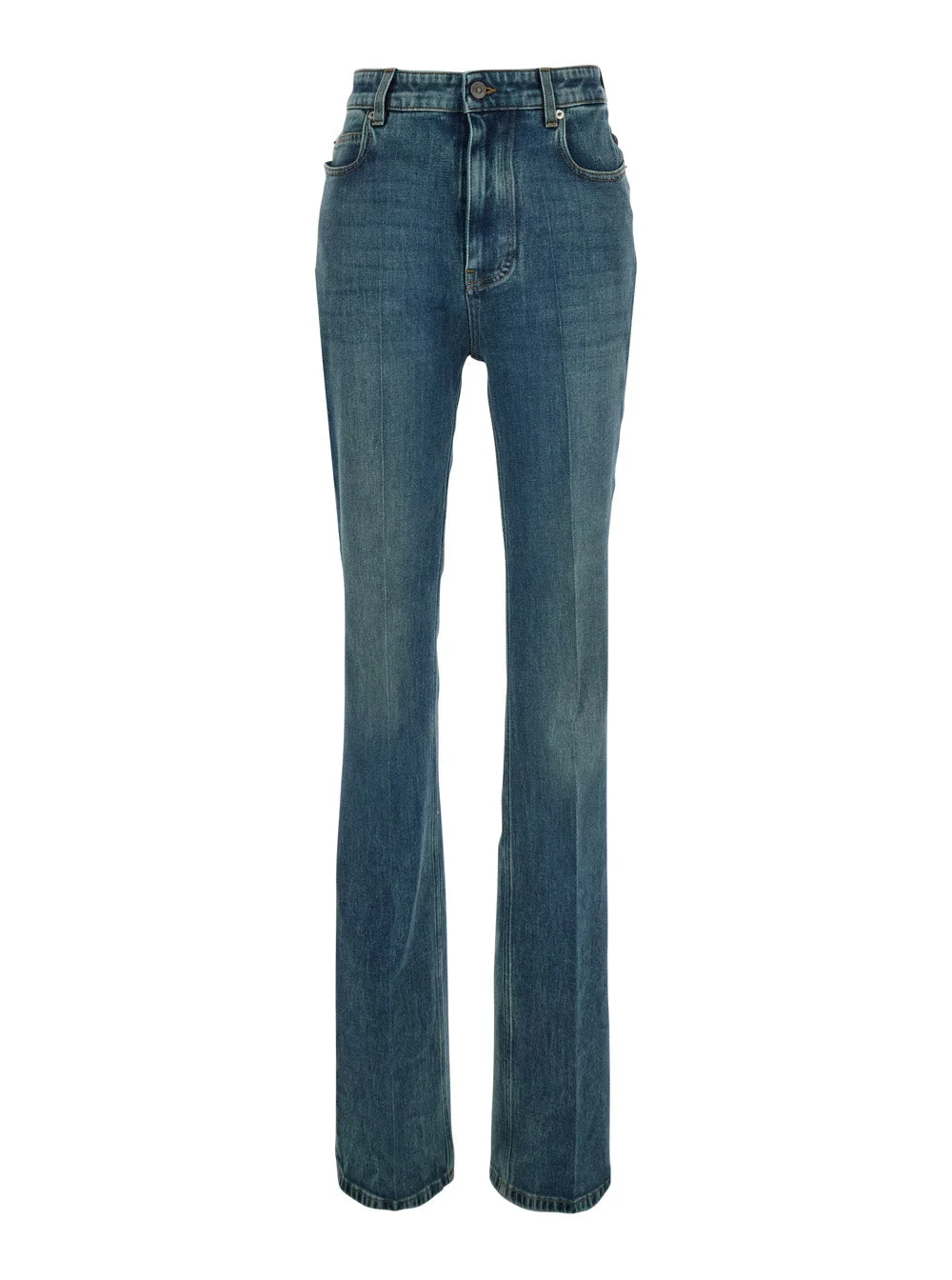 Balenciaga Women Blue High-Waisted Jeans With Logo Patch On The Back In Denim For Women - 1