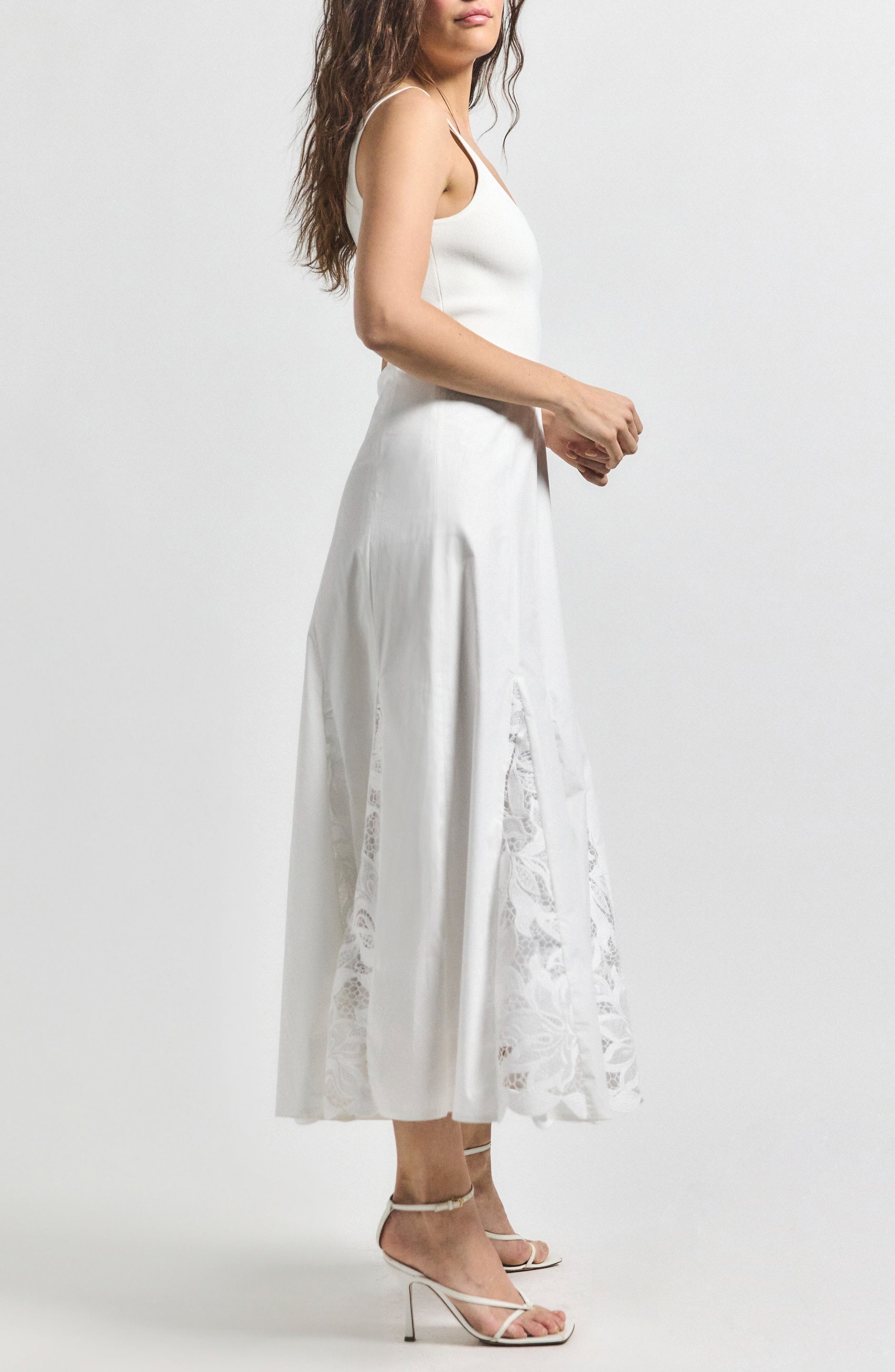 Derek Lam 10 Crosby Maeleyse Mixed Media Lace Detail Godet Pleat Stretch Cotton Midi Dress in Soft W - 3