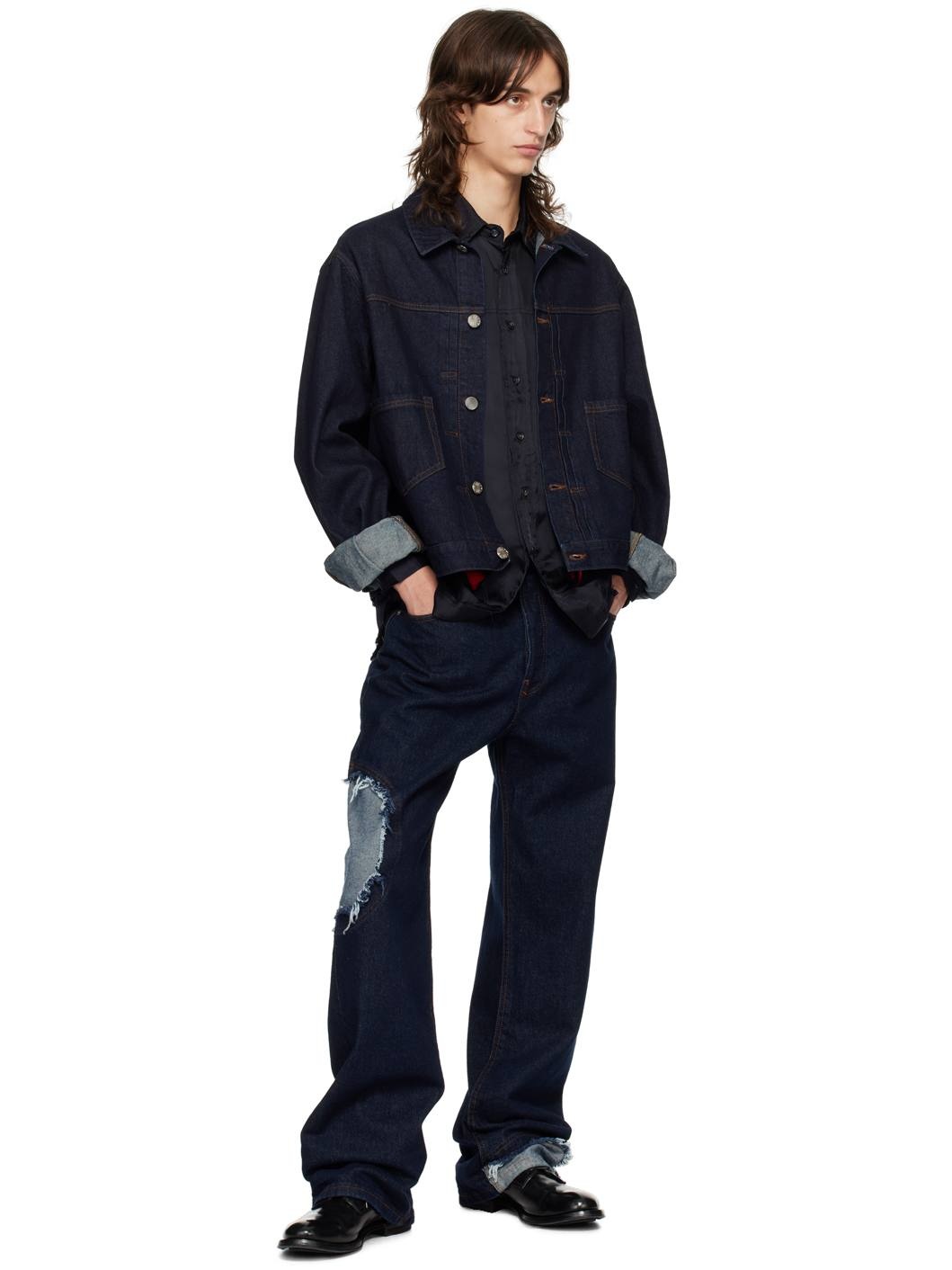 Navy Knife Pleat Denim Jacket - 4