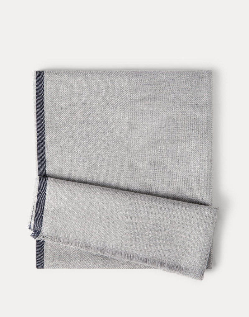 Brunello Cucinelli Wool and cashmere diagonal scarf with striped edge outlook