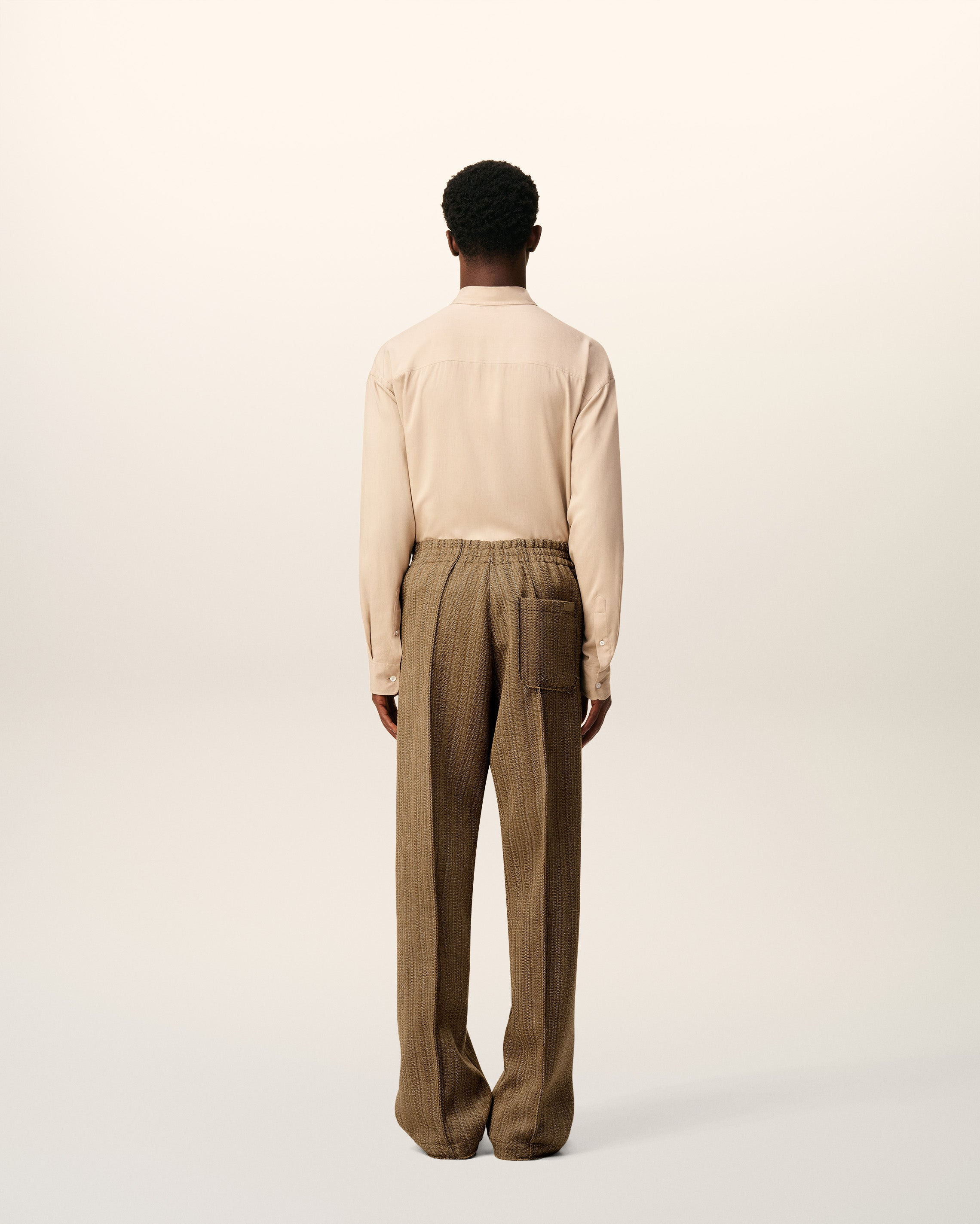 BROWN WOOL HERRINGBONE ELASTICATED TROUSERS - 4