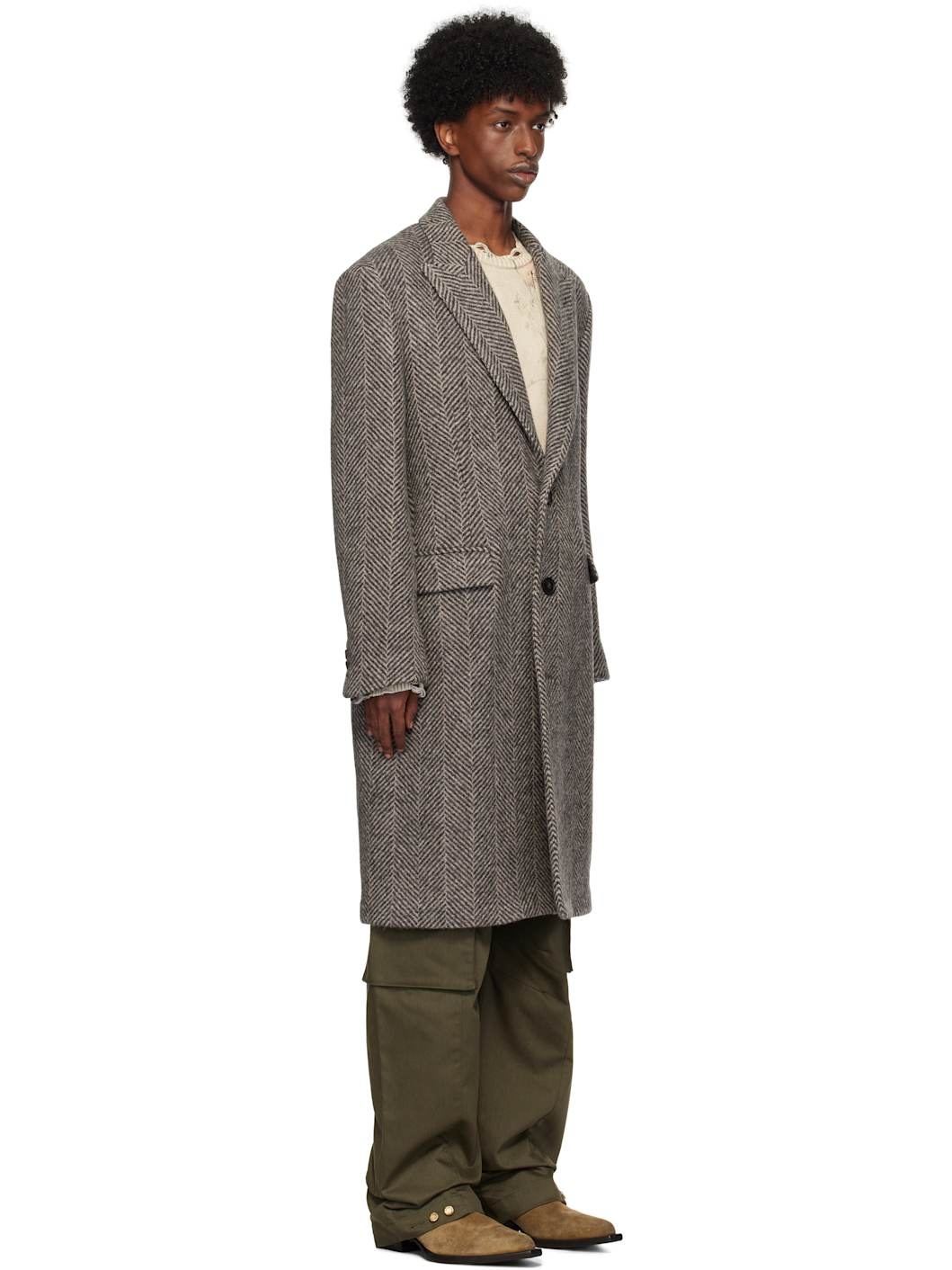 Gray Single-Breasted Wool Herringbone Coat - 2