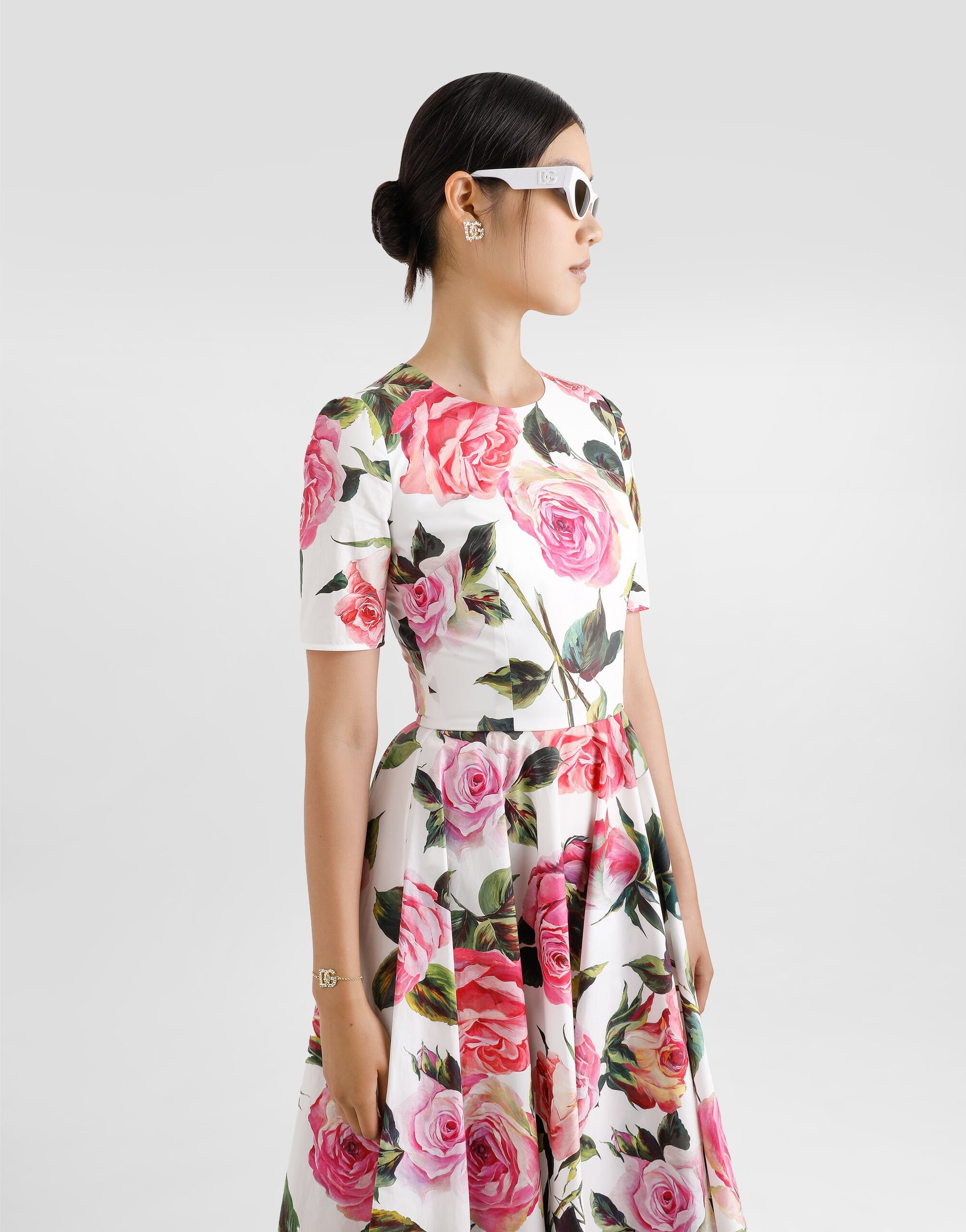 Cotton calf-length babydoll dress with rose print - 4