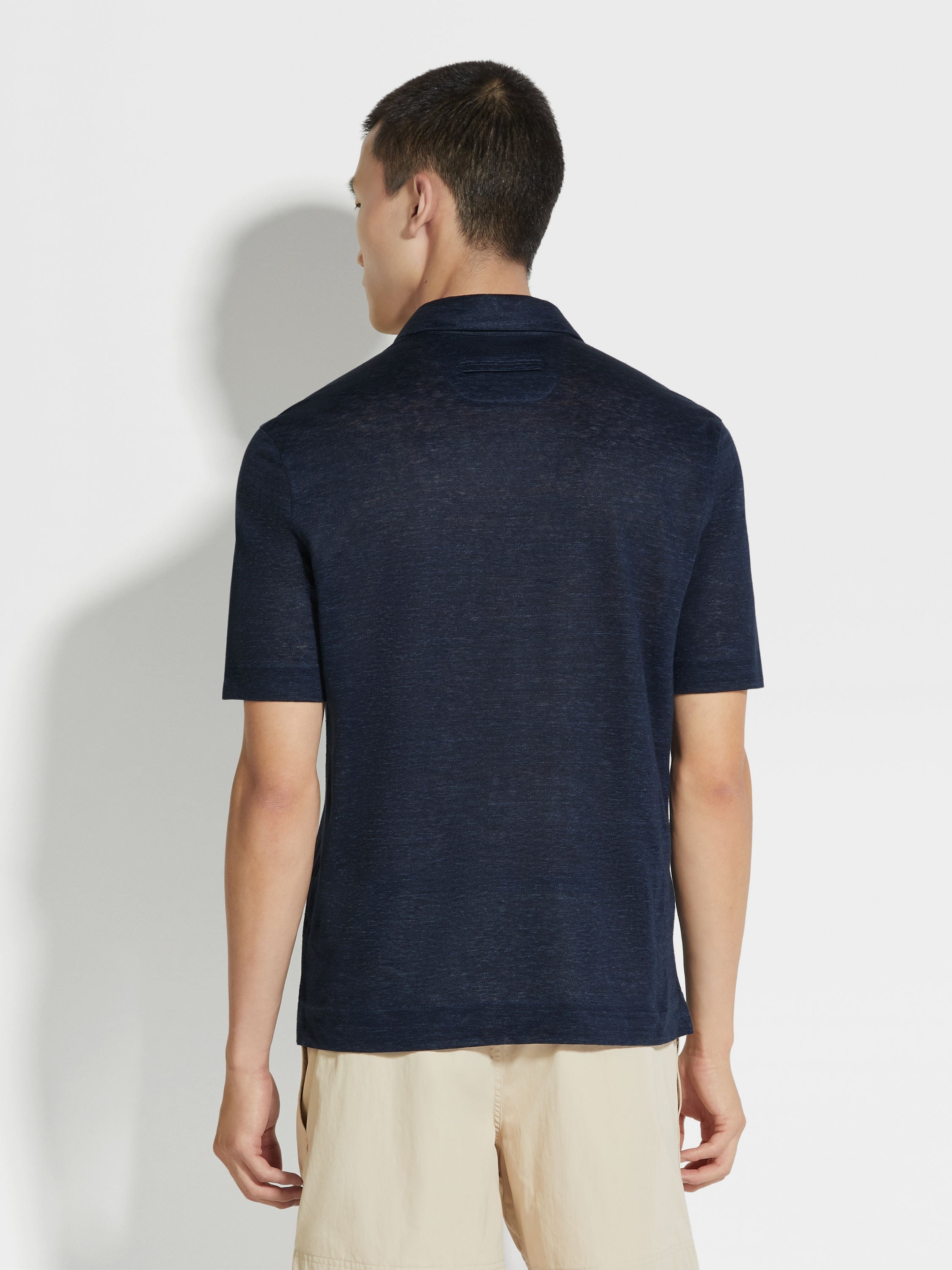 NAVY BLUE LINEN POLO SHIRT - 5