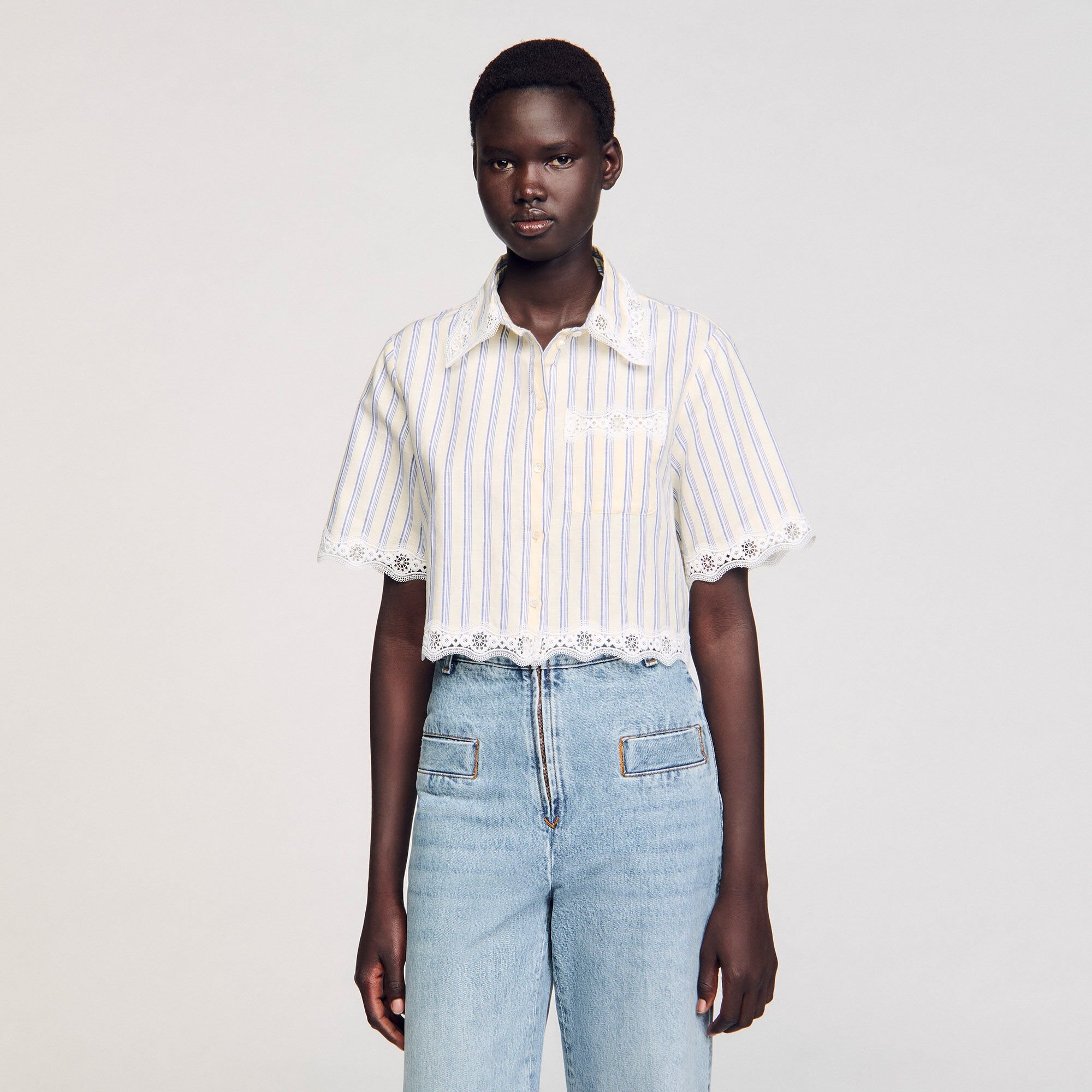 STRIPED CROPPED SHIRT WITH LACE TRIM - 4