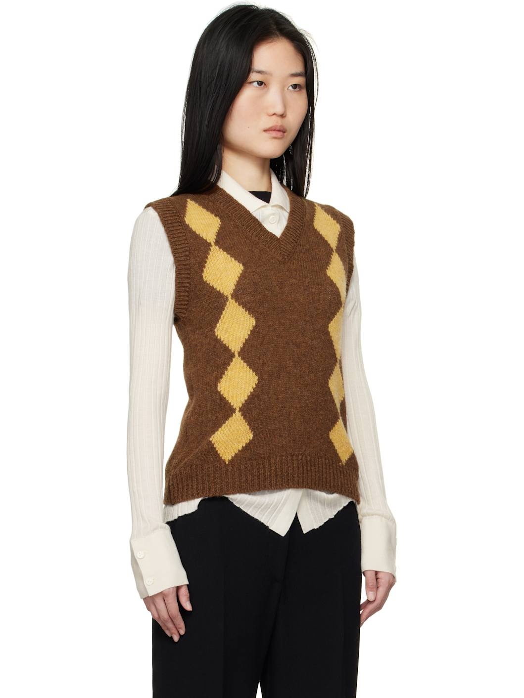 Brown & Yellow Shetland Argyle Vest - 2