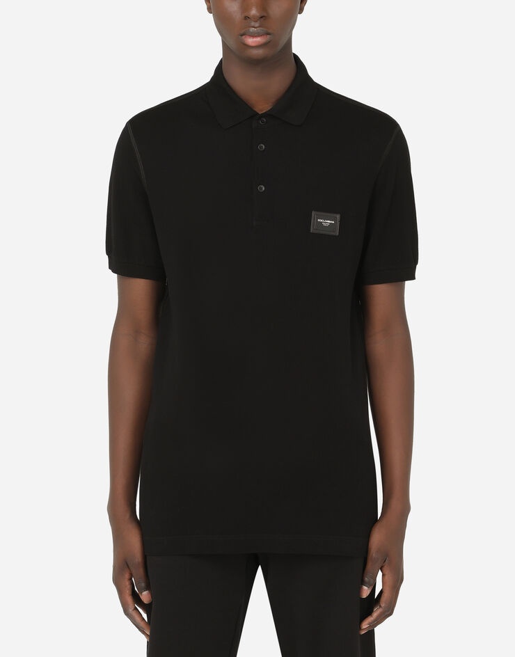 Cotton piqué polo-shirt with branded plate - 1