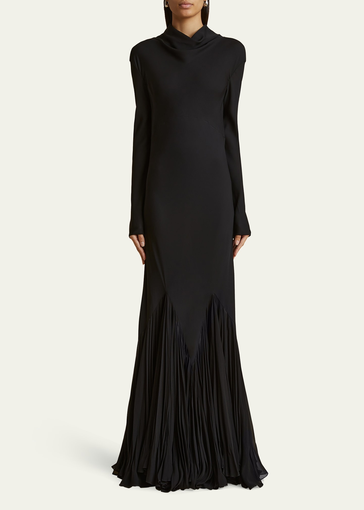 Metin Cowl-Neck Long-Sleeve Pleated Mermaid Gown - 2