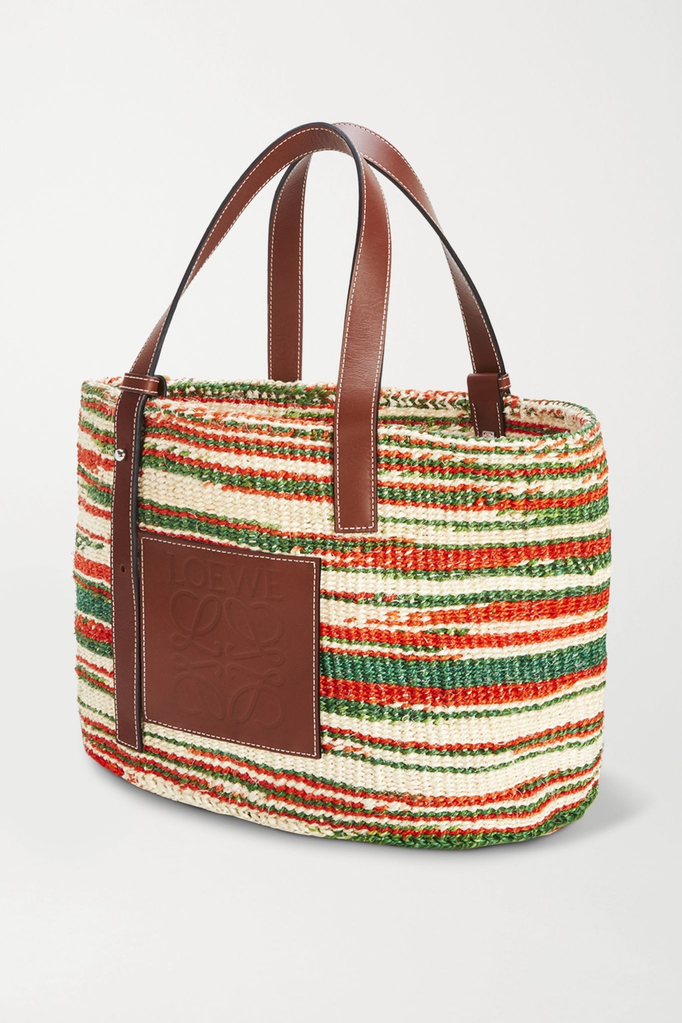 + Paula's Ibiza medium leather-trimmed striped woven raffia tote - 3