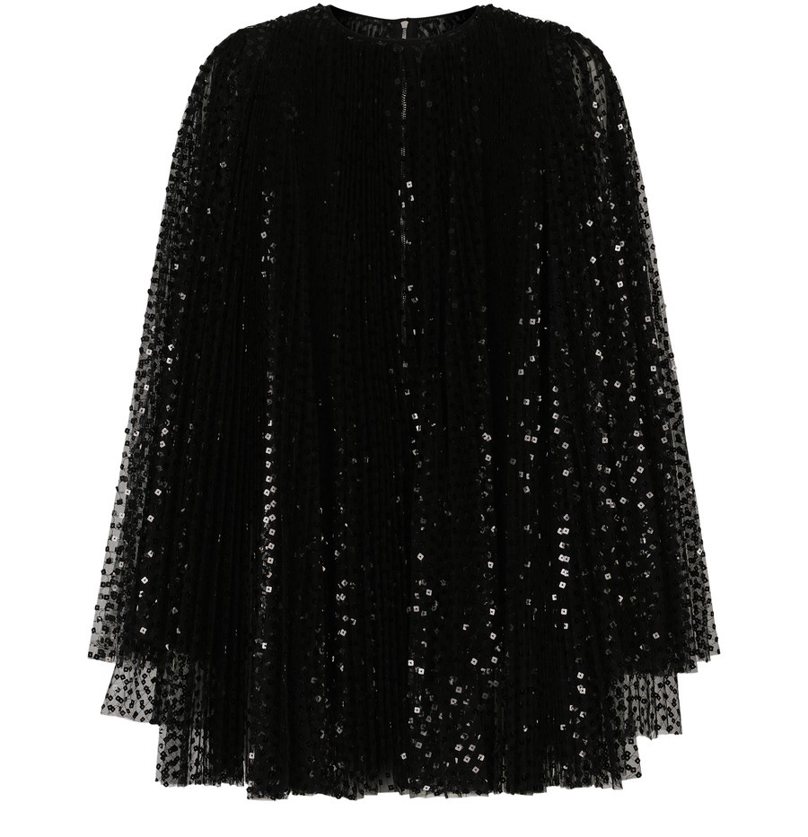 Pleated Short Dress with Wide Sleeves in Sequins - 1