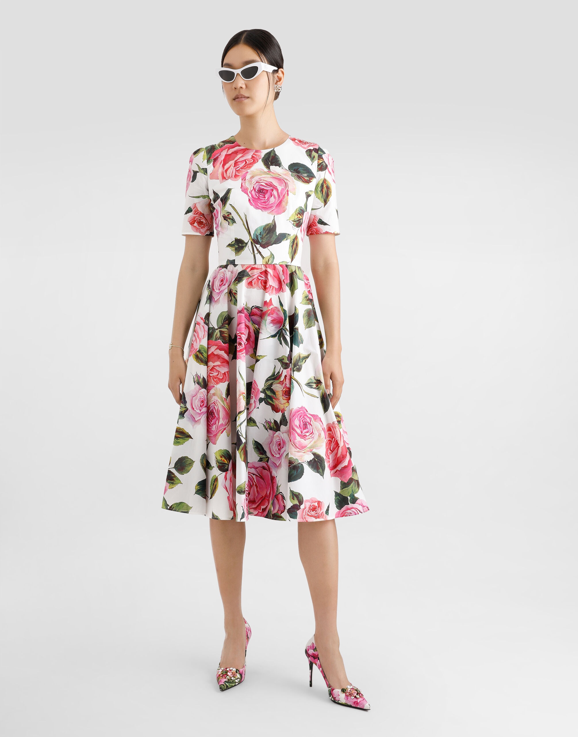 Cotton calf-length babydoll dress with rose print - 2