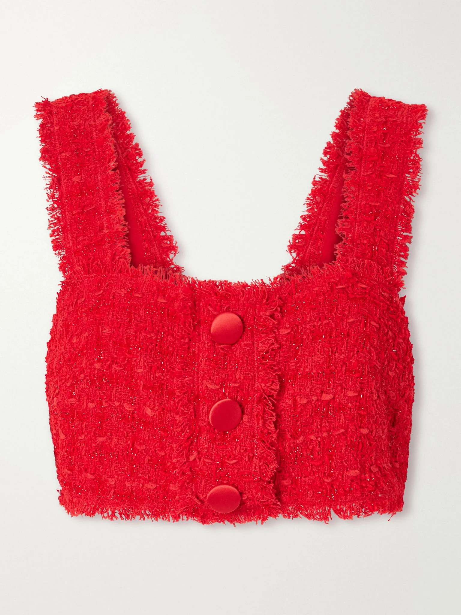 Cropped frayed metallic cotton-blend tweed top Red - 1
