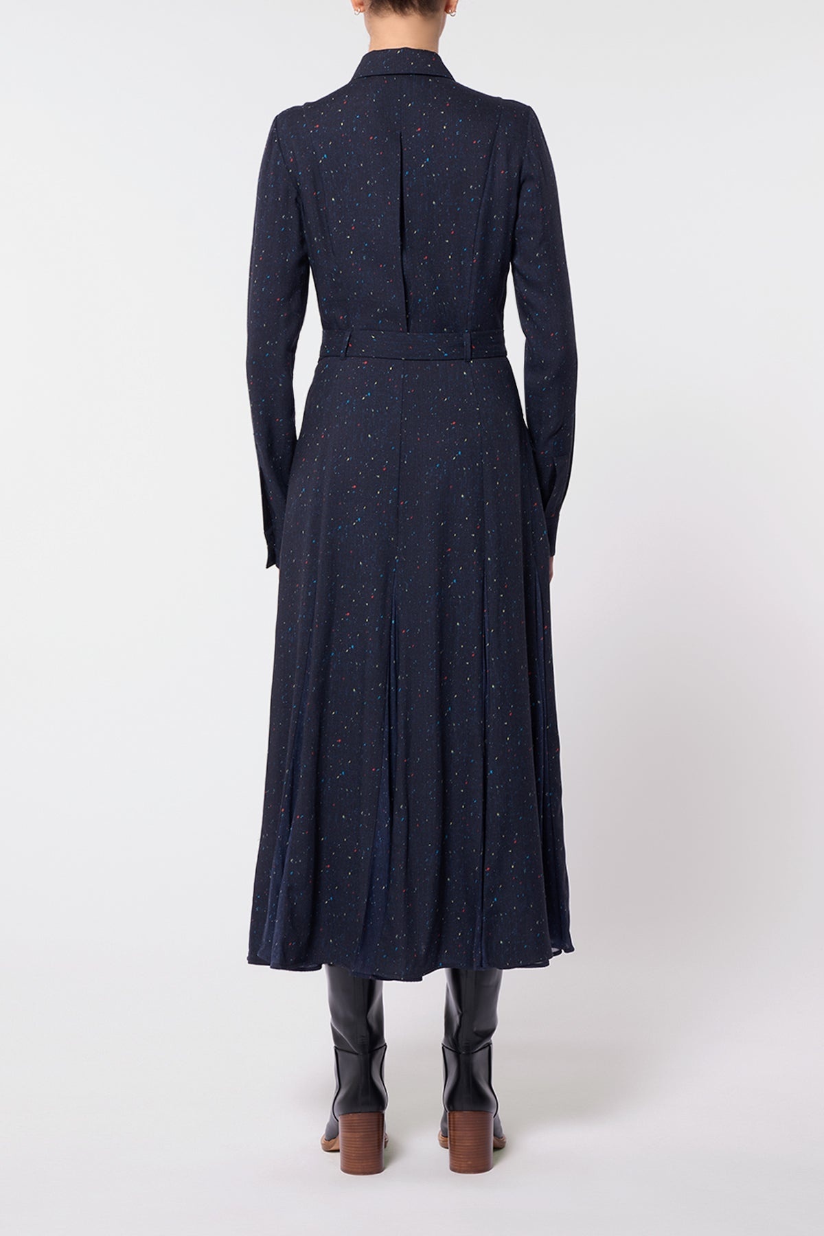 Meyer Pleated Shirtdress in Dark Navy Multi Wool Silk - 4