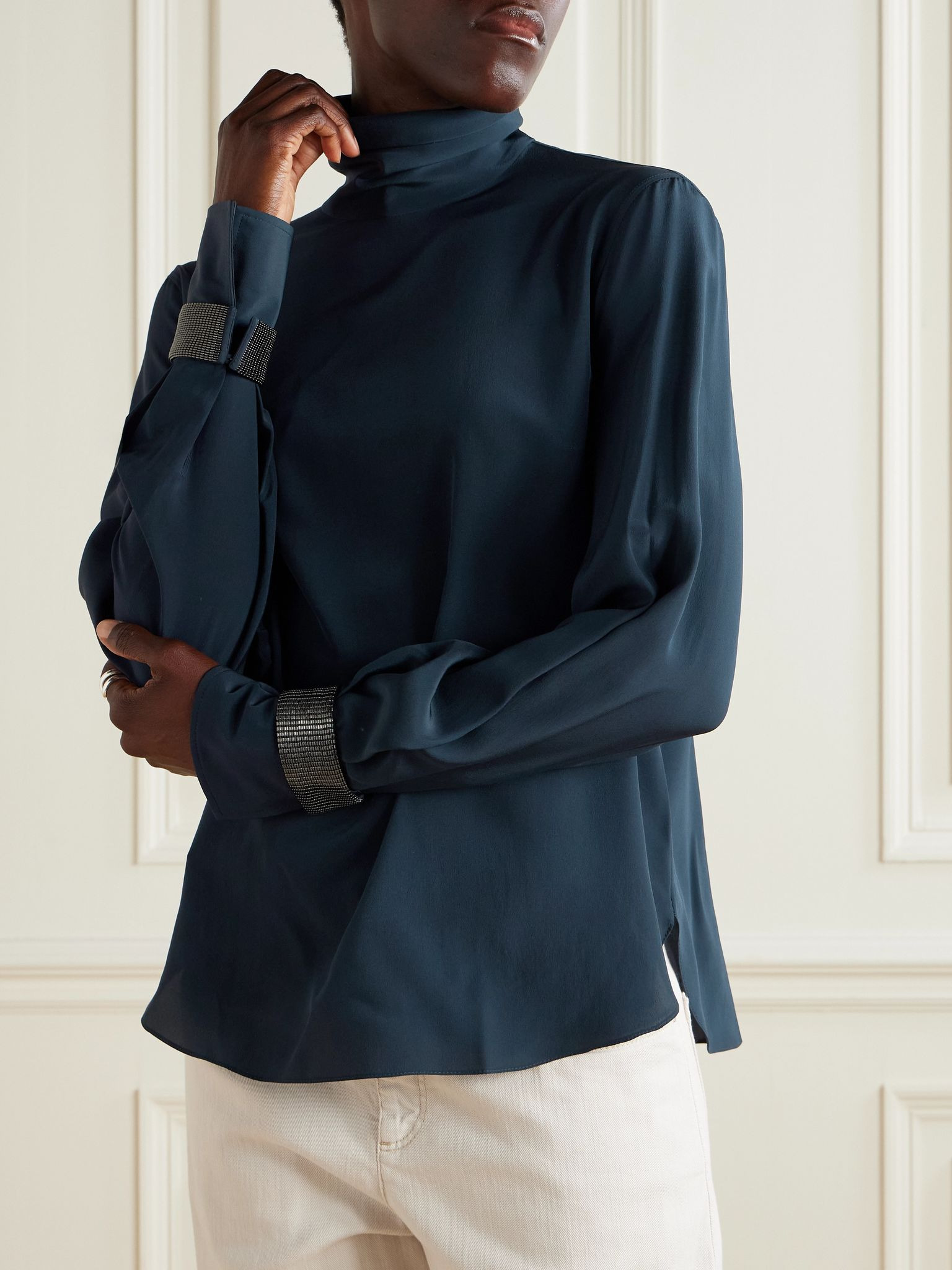 Bead-embellished silk crepe de chine turtleneck blouse Navy - 3