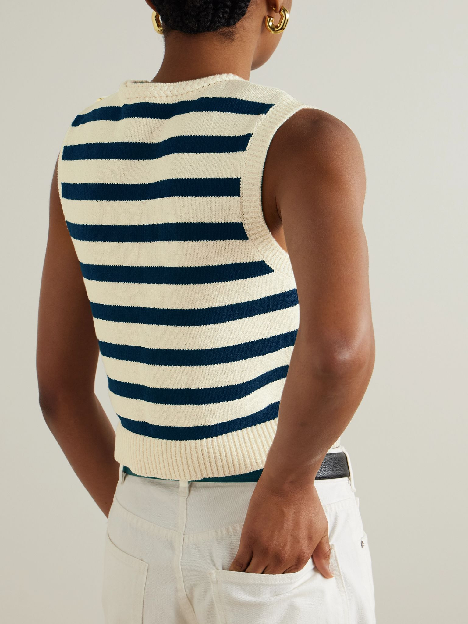 The Harbor button-embellished striped cotton-blend vest Cream - 4