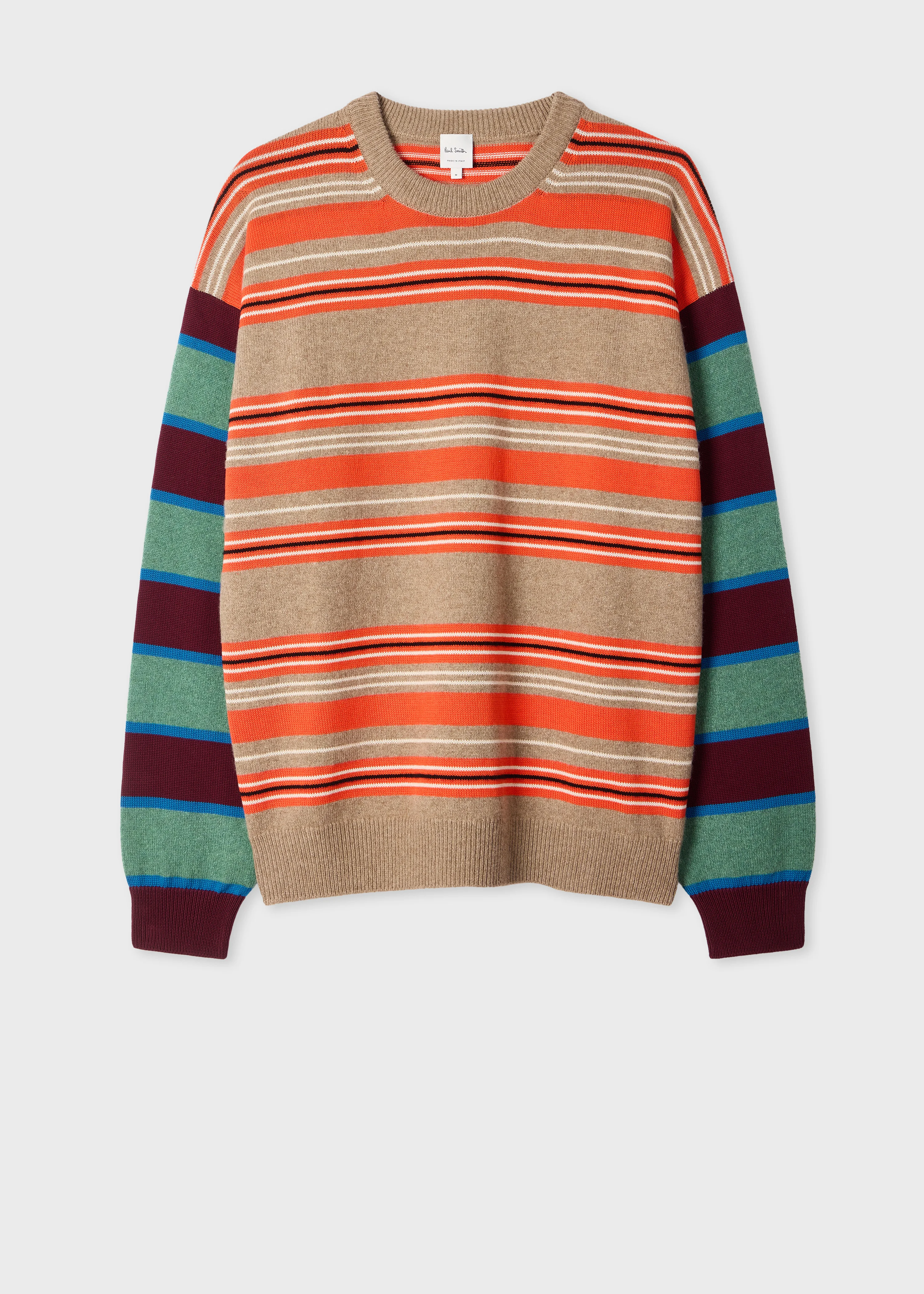 Orange Contrast-Sleeve Lambswool-Cotton Stripe Sweater - 1