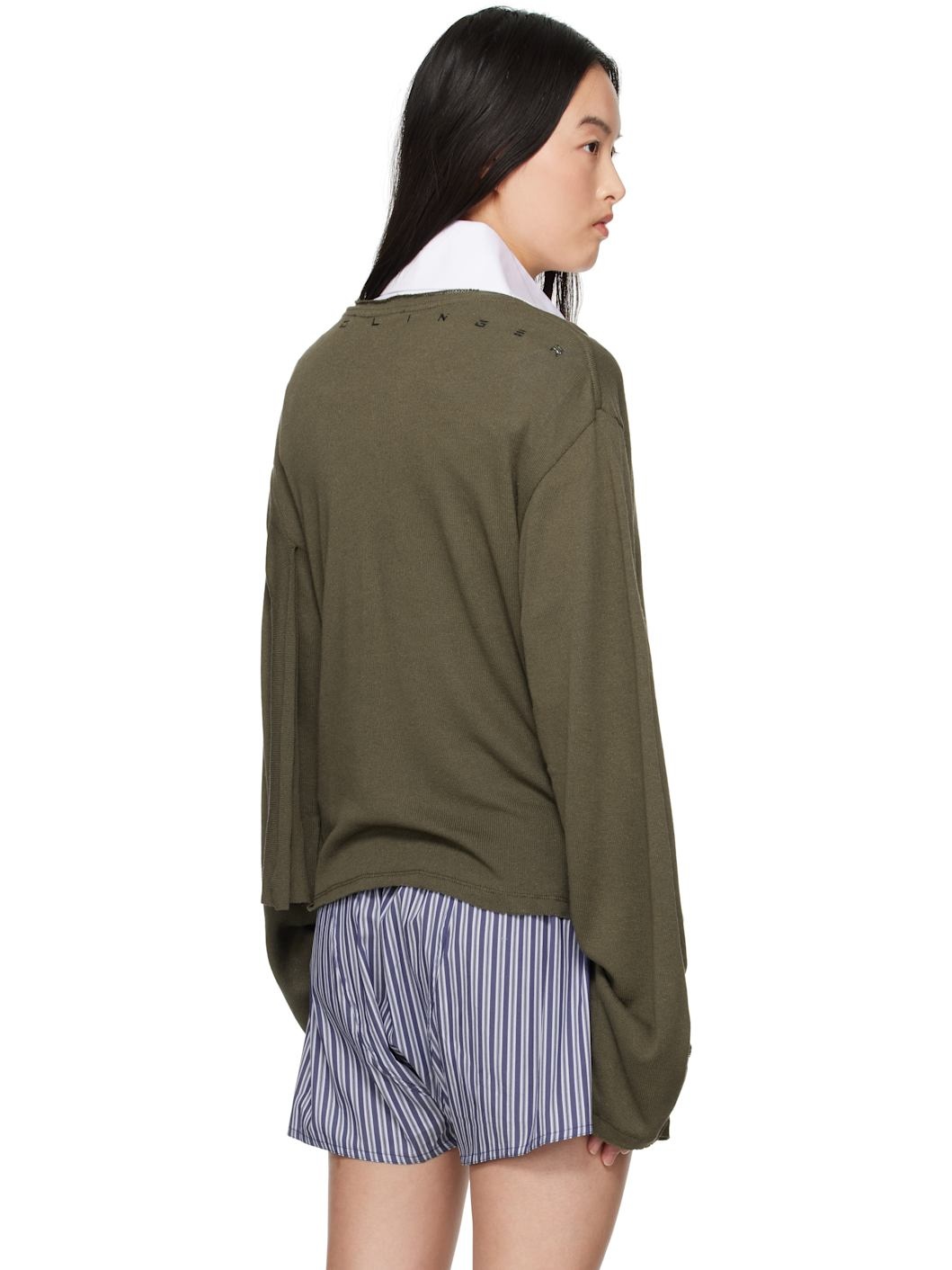 Green Deconstructed Linen Longsleeve T-shirt - 3
